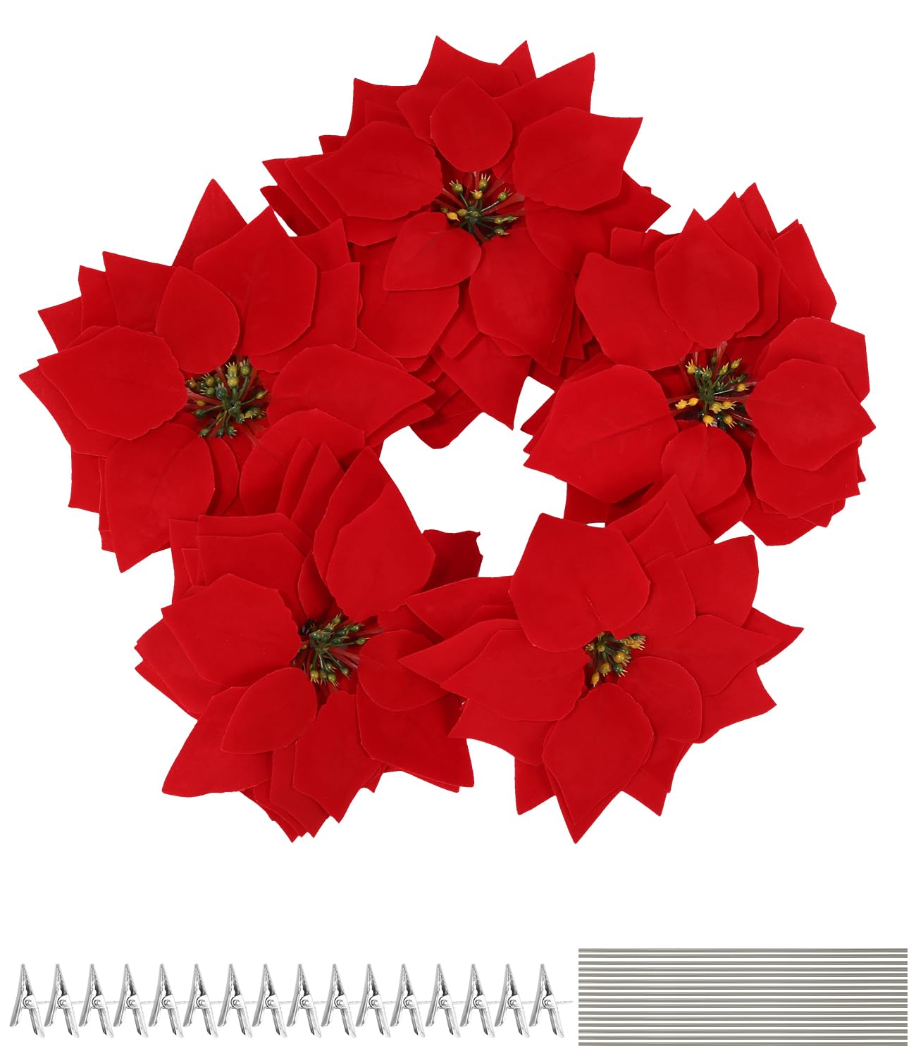 Cotepi 16 Piezas Flores de Navidad Artificiales con Clip, Poinsettia Artificial para Árbol de Navidad, Flores Poinsettia de Navidad para Guirnalda Fiesta Boda Año Nuevo Decoración,Rojo