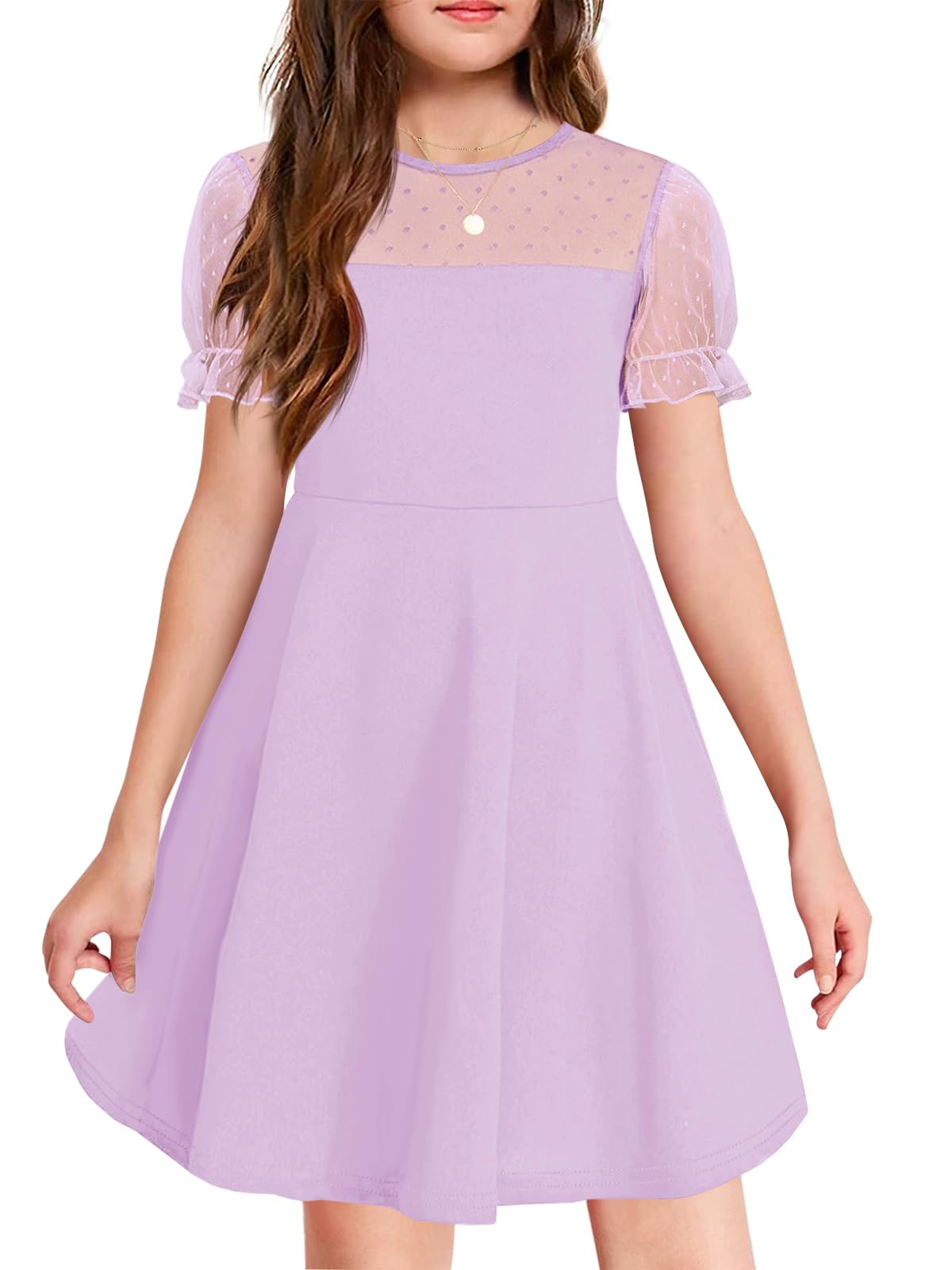 Haloumoning Girls Contrast Mesh Puff Short Sleeve Dress Kids High Waist A Line Casual Dresses with Pockets 4-14 Years