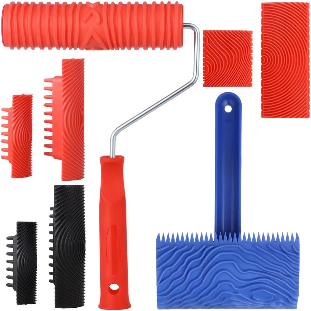Wood Graining Tool Rubber DIY Tool with Handle, 8 Pcs Wood Grain Roller Painting Tool Set, Art Paint Decoration for Room Wall