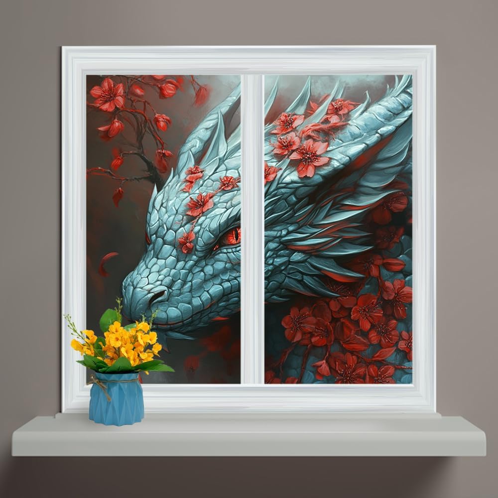 Abstract Cool Wildlife Dragon Stained Glass Window Privacy Film Watercolor Rustic Japanese Anime Dragon Cherry Blossom Opaque Window Sticker for Home Bathrooms 2 Panels 17.7" W x 23.6" L