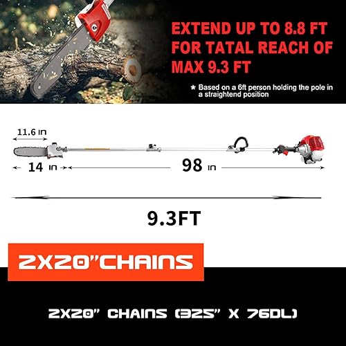 Miniatura 8 de Sierras de poste a gas - Sierras de poste de 2 ciclos de 58 CC para poda de árboles con alcance extensible de 16 pies - Diseño para poda de árboles