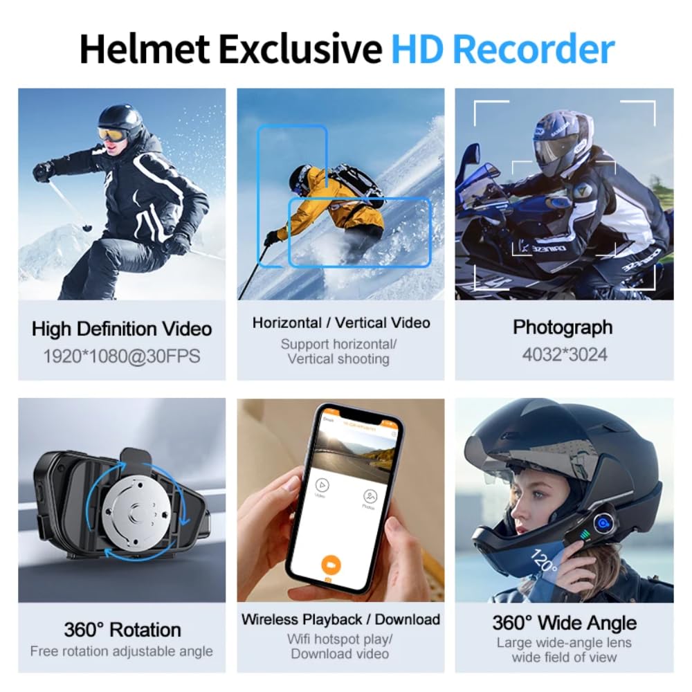 Telecamera per casco da moto con auricolare Bluetooth, registratore HD 1080P, grandangolo 120° per guida, sci, arrampicata