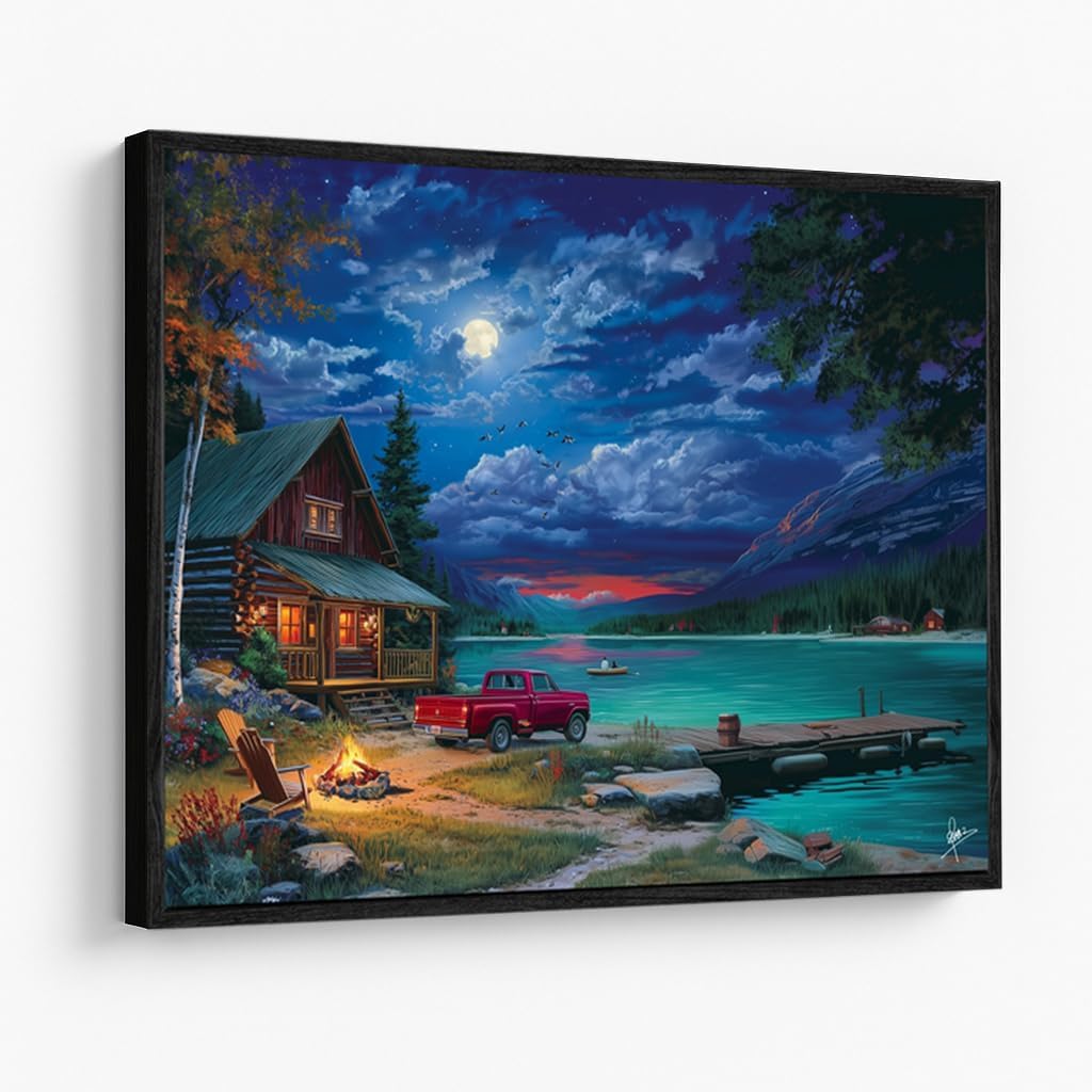 Lakefront Cabin Wall Art – 24x18 Inch Rustic Lake Scene with Vintage Truck & Campfire, Framed Canvas Print (Non-Lighted) for Living Room, Cabin & Farmhouse Home Decor