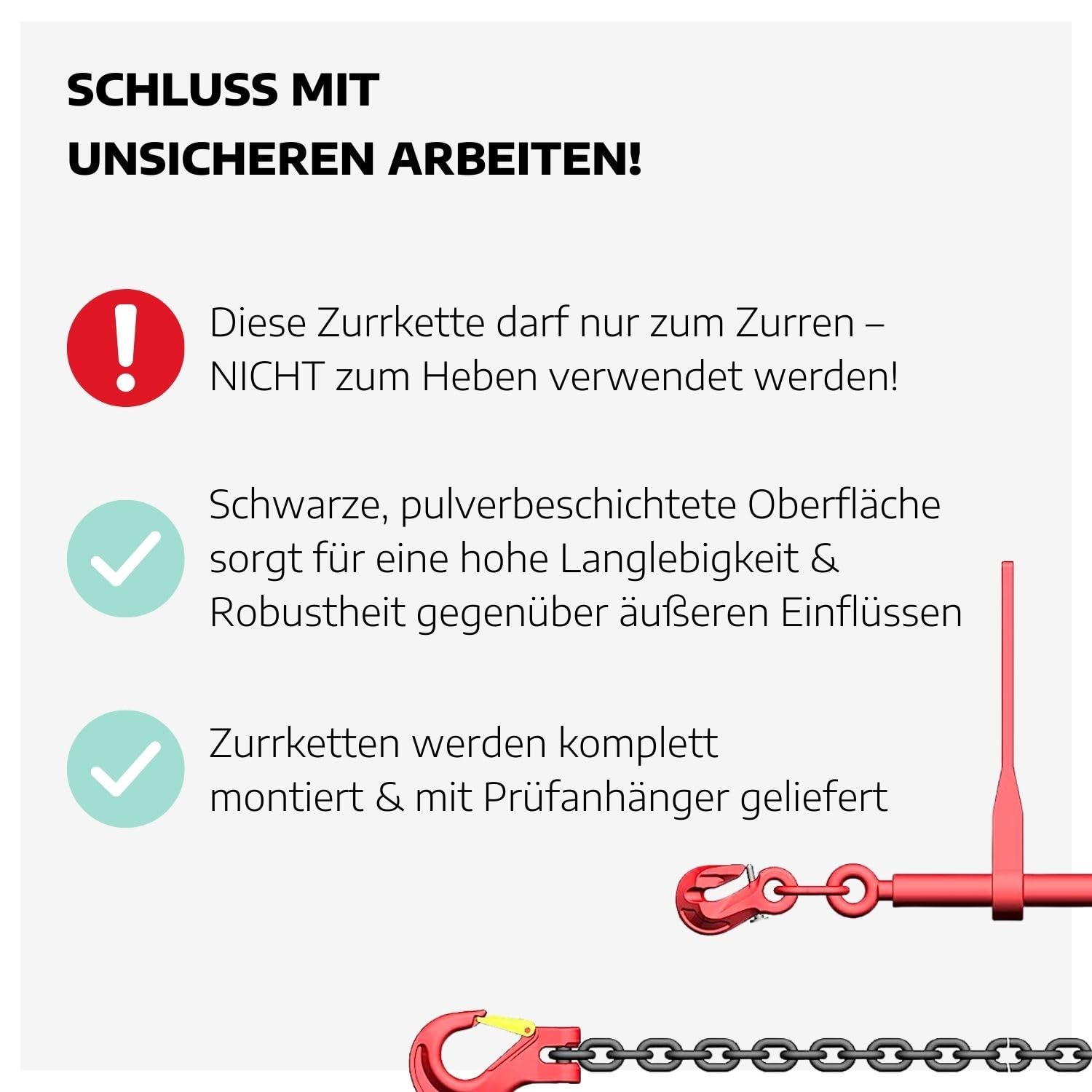 Zweiteilige Zurrkette 8 mm GK8 mit Ratschenlastspanner I langlebige Zurrkette für Bagger mit Ratsche I Sicherheitsgeprüfte Zurrkette für Bagger I Bagger-Zurrkette 1,5 m lang