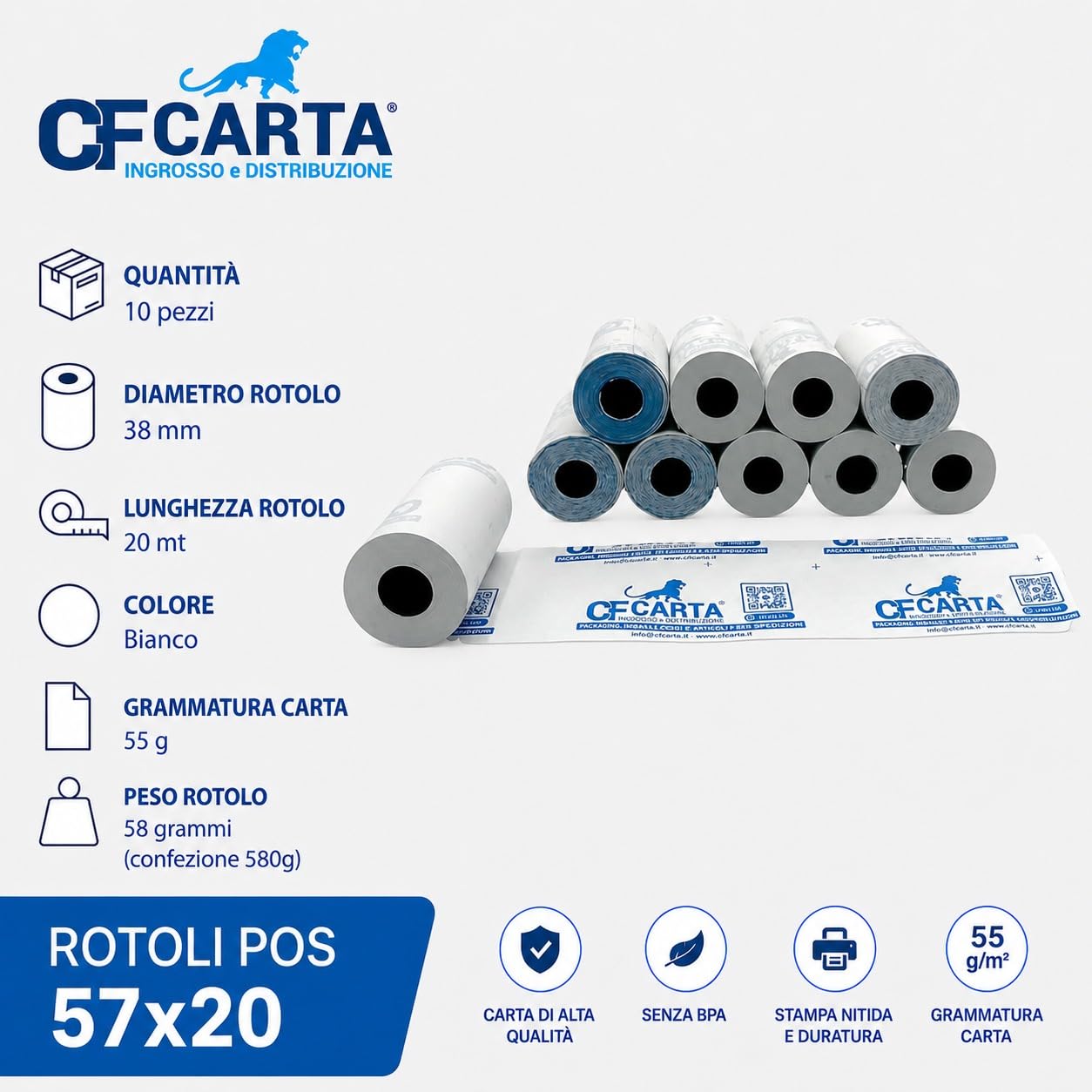 200 rollos térmicos para Pos - 57 mm x 38 mm, agujero de 12 mm (20)