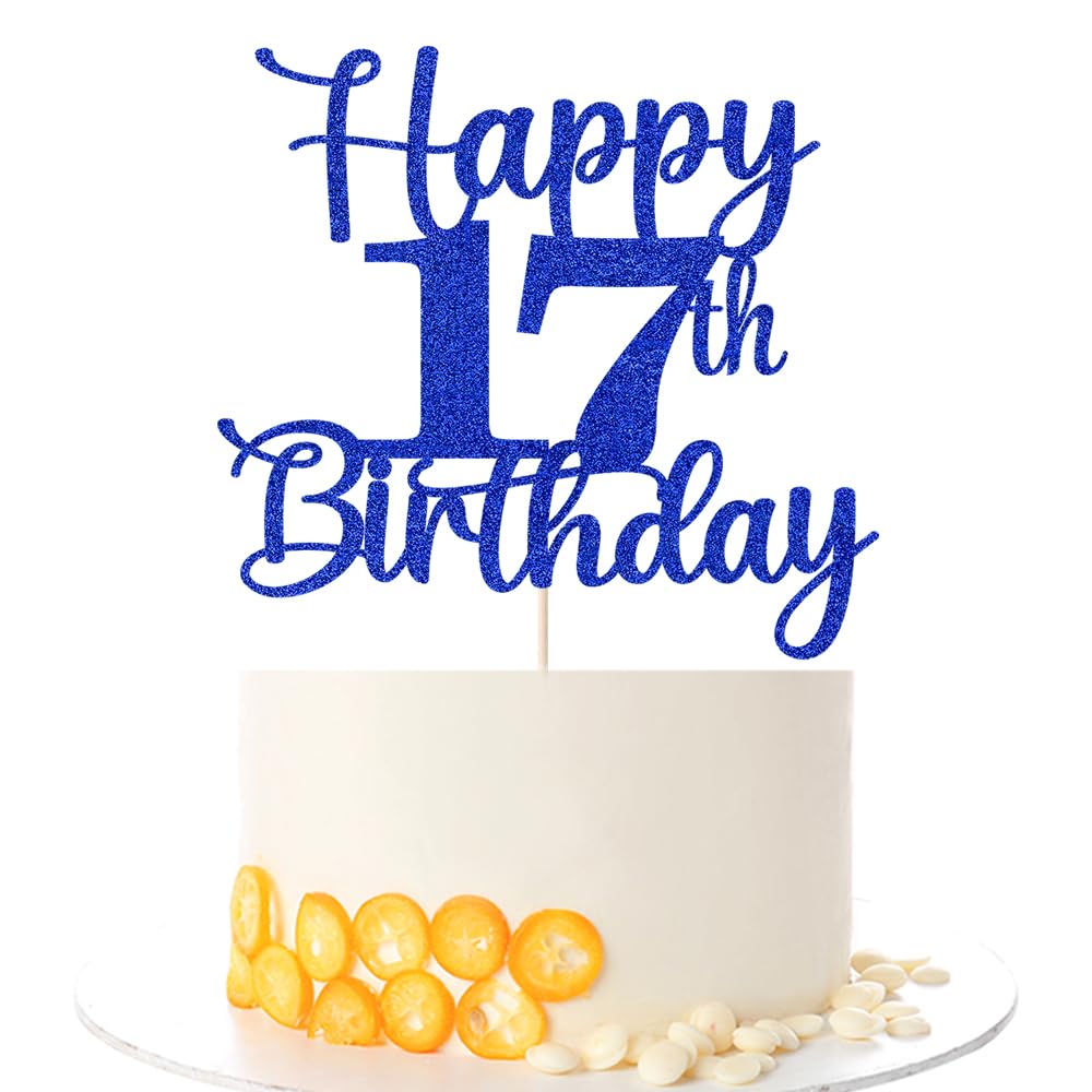 Kaoenla Glitter Happy 17th Birthday Cake Topper,Hello 17?Cheers to 17 Years,17th Anniversary /17 years old birthday Party Deco (17th, blue)