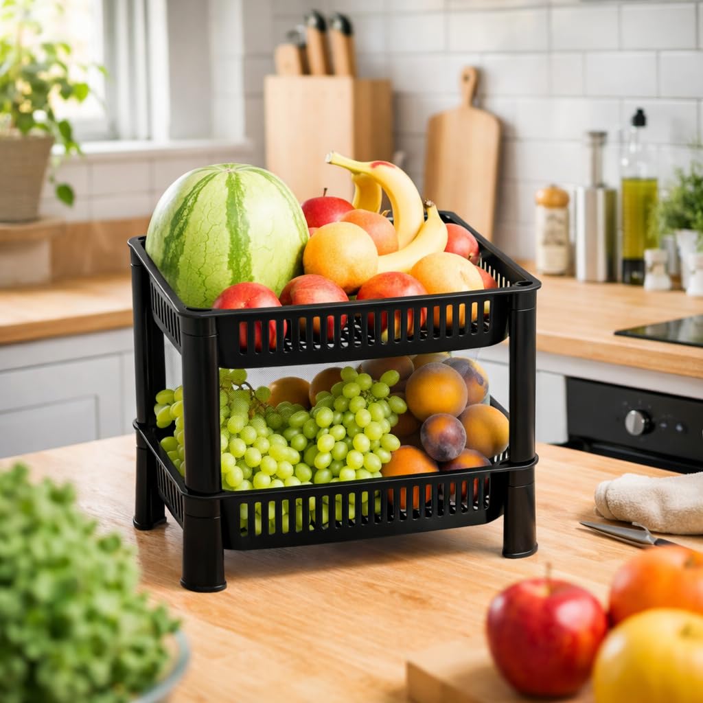2 Tier Fruit & Vegetable Basket Rack | Multipurpose Plastic Kitchen Storage Organizer | Strong & Durable Countertop Stand for Fruits, Vegetables & Grocery Storage (Black)-image-35