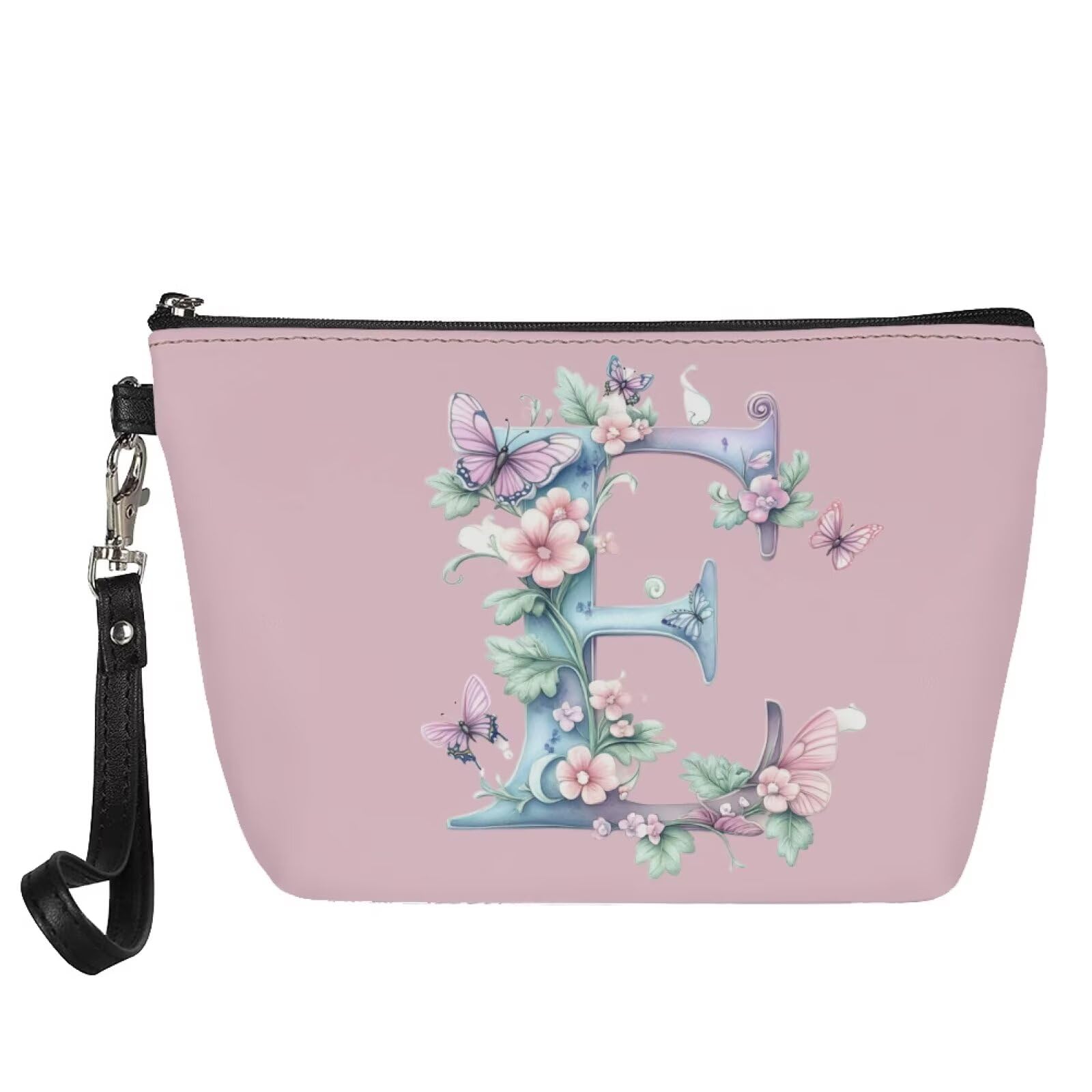 Wdktrgetd Personalized Gift for Her – Initial Makeup Bag with Wrist Strap, Vegan Leather Waterproof Design & Sturdy Zipper, Slim Travel Toiletry Bag