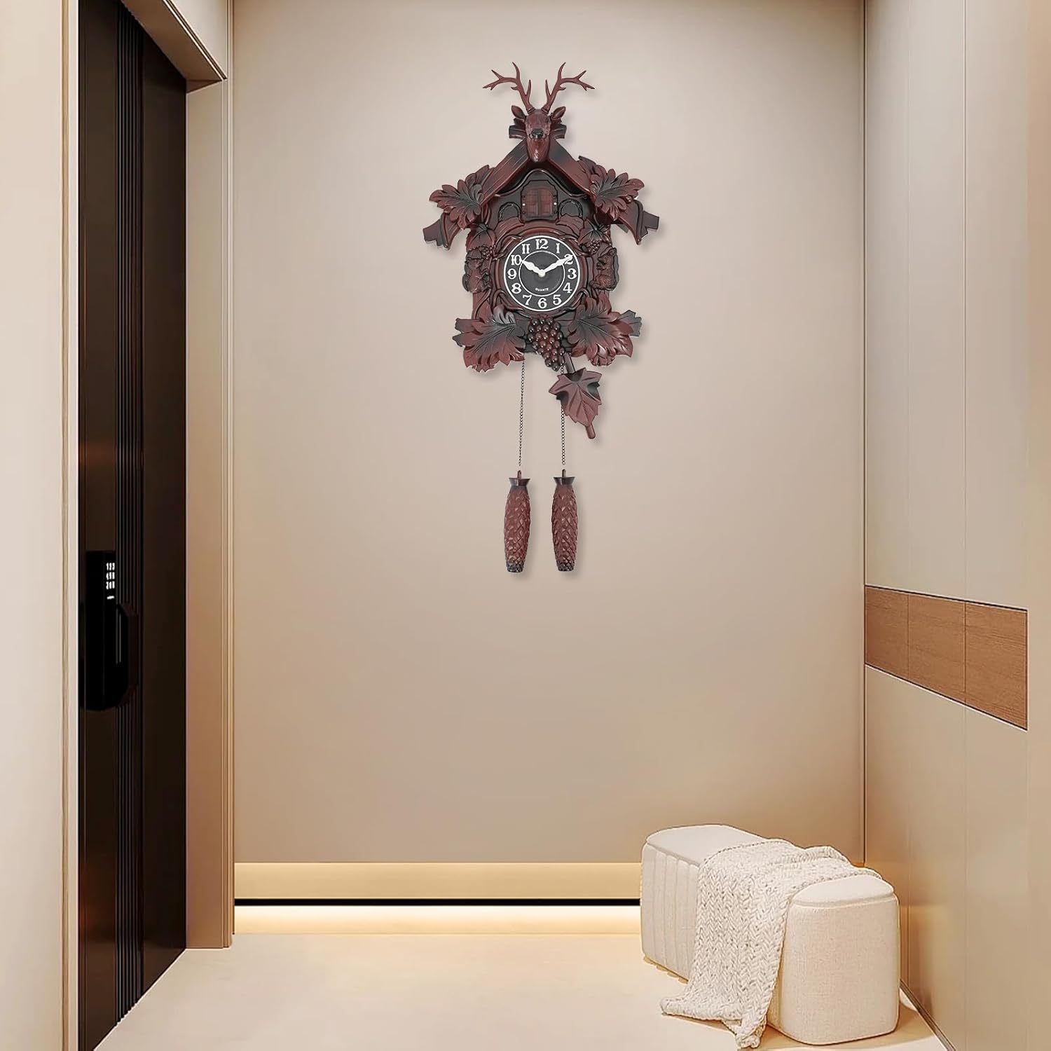 Eapmic Cuckoo Clock Vintage Wooden Wall Clock with Deer Head, Hand-Carved Retro Wall Clock with Quartz Movement and Pendulum, Large Antique Wall Clock for Home, Living Room, Office (Red)