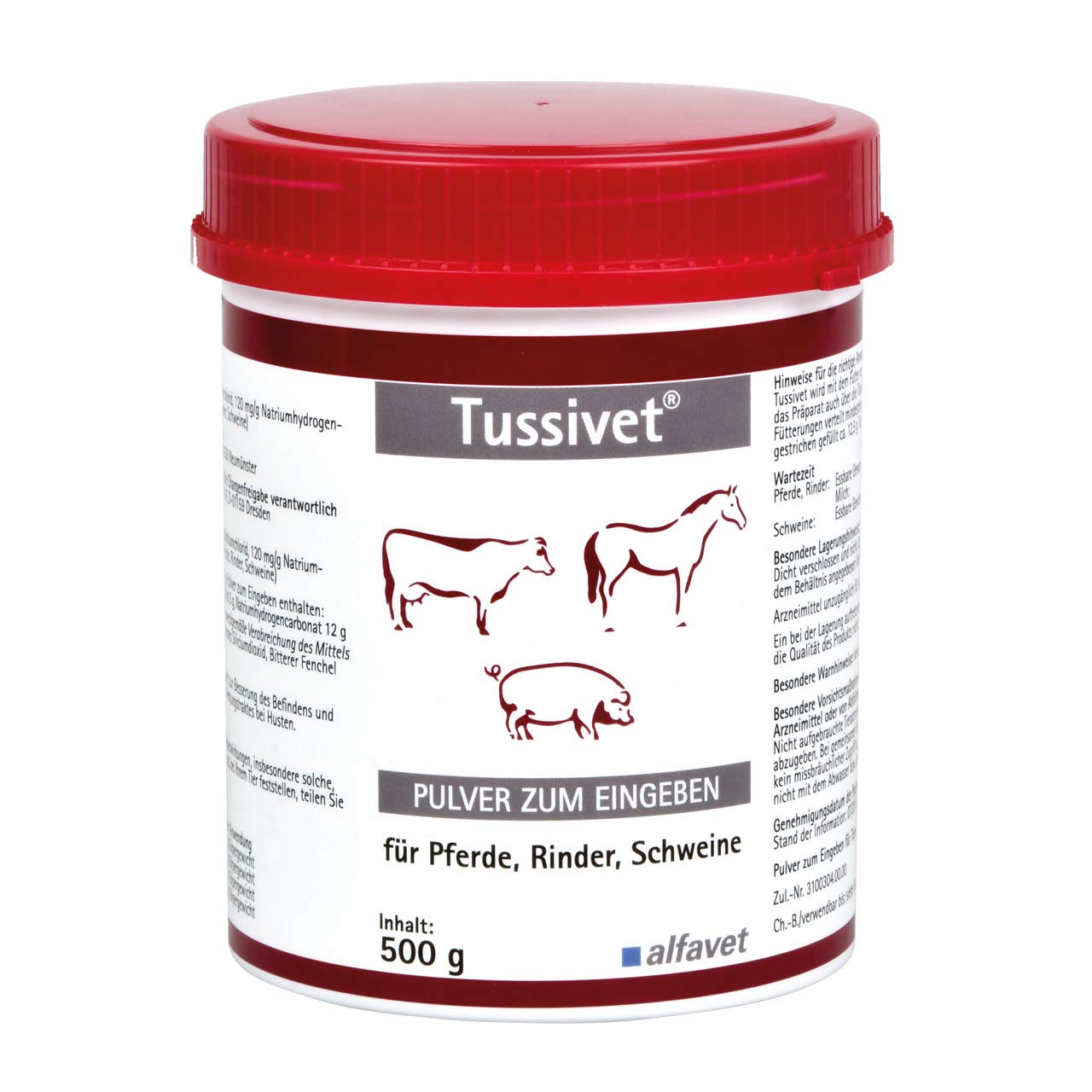 Alfavet Tussivet, 500g Dose, Pulver bei Husten für Pferd, Rind und Schwein, zur Besserung des Befindens und Unterstützung der Organfunktion des oberen Atmungstraktes