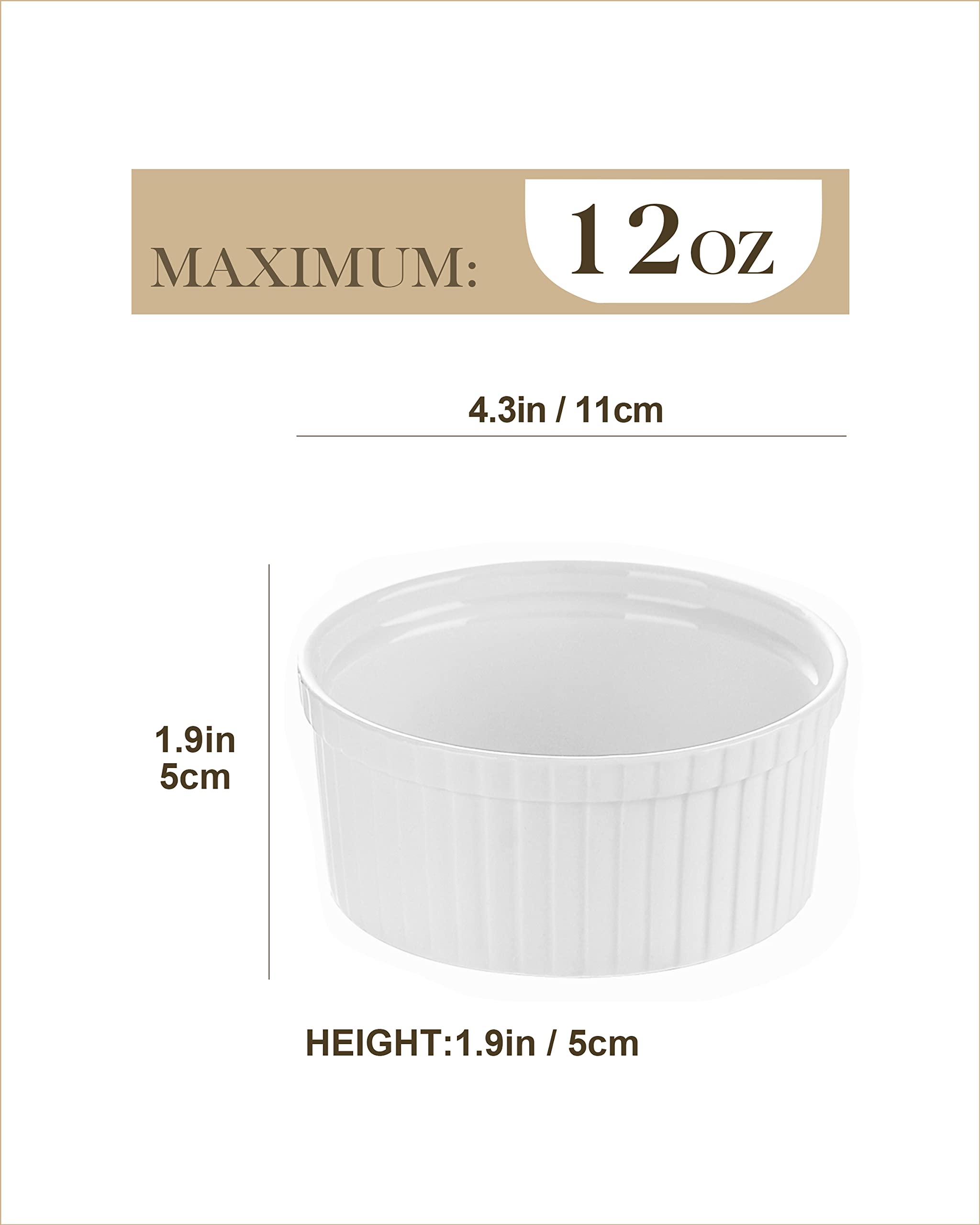 MALACASA Creme Brulee Ramekins, 12 Ounce Porcelain White Ramekins Souffle Dishes, Small Baking Cups Ramekins Bowls for Dipping Snack Dishes, Set of 12
