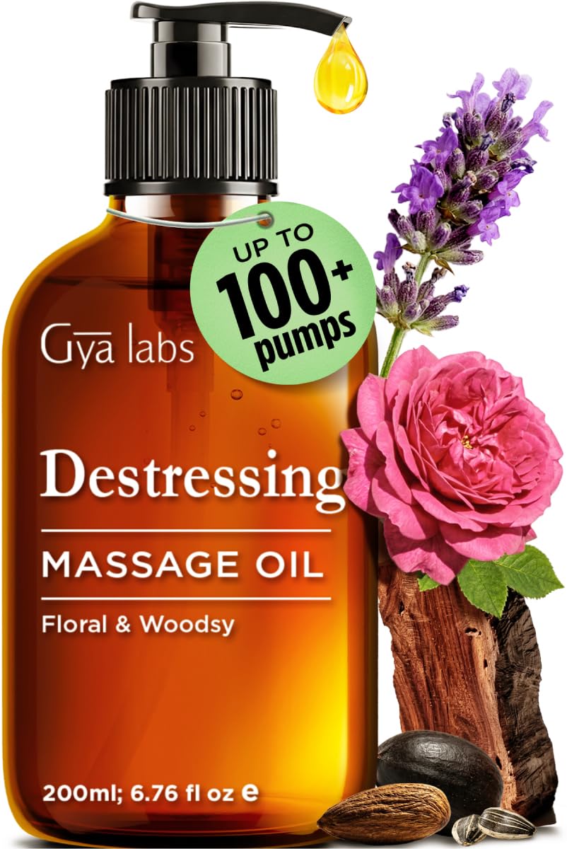 Destressing Massage Oil for Couples - Sore Muscle Oil Body Oil Massage Oils for Massage Therapy & Skin - Crafted with Lavender, Rose Otto, Rosewood, Myrrh, Jojoba & Argan Oils (200ml)