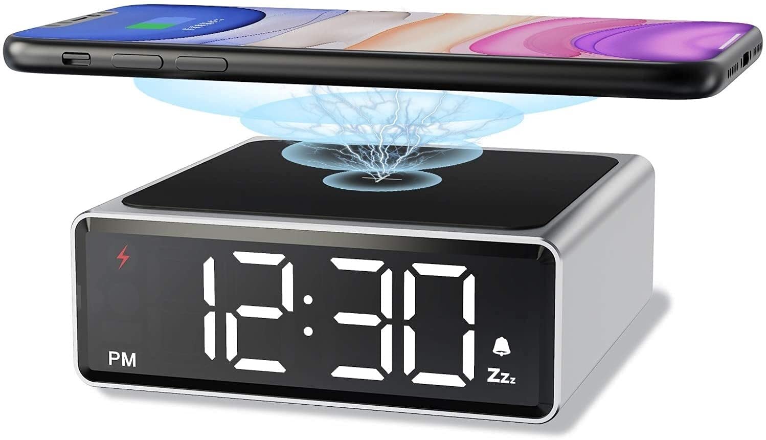 Pequeño Reloj de Alarma de Metal con Carga inalámbrica Qi - Clear Digital DIRIGIÓ Pantalla con 4 Brillo 12/44H Snooze for la Oficina de Noche de Dormitorio, Compatible con (Plata)