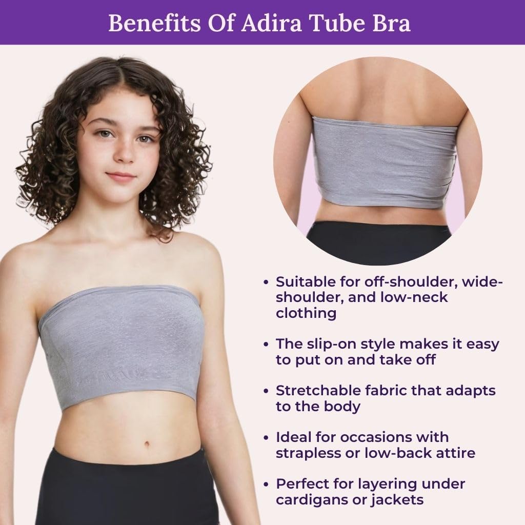 Adira | Non Padded Strapless Bra | Teens Tube Bra | Slip On Style | 3 Layer Front Panel Conceals Nipples | Silicone Anti Slip Band Prevents Slipping | Pack of 1 | Grey | S - Image 5 thumbnail