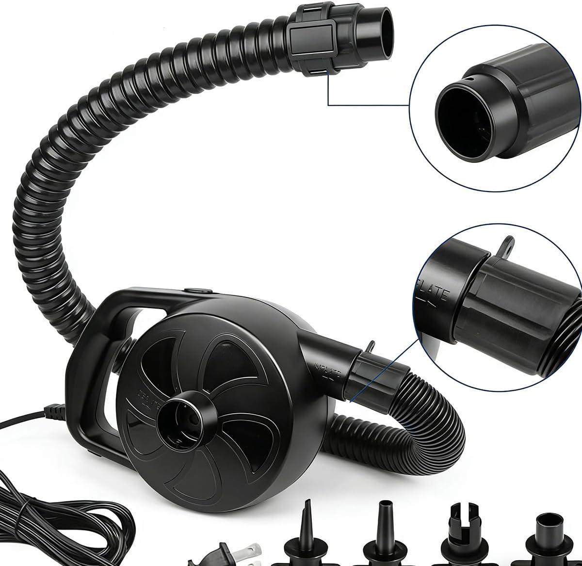 BOMPOW Electric Pump for Inflatables with 4 Nozzles Air Mattress Pump Inflator/Deflator, Queen/King Size Pool Air Pump, Pool Toys, Boat, Raft Pumps 300W