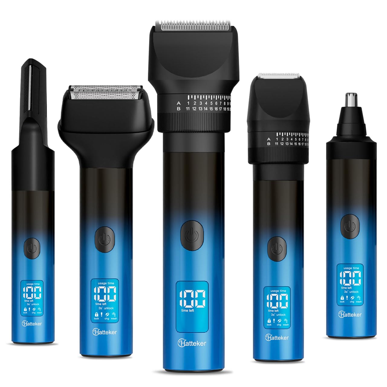 Hatteker Herren Haarschneidemaschine Profi Haarschneider Bartschneider Barttrimmer Rasierer Nasenhaartrimmer Körperhaartrimmer Wasserdicht 5 in 1