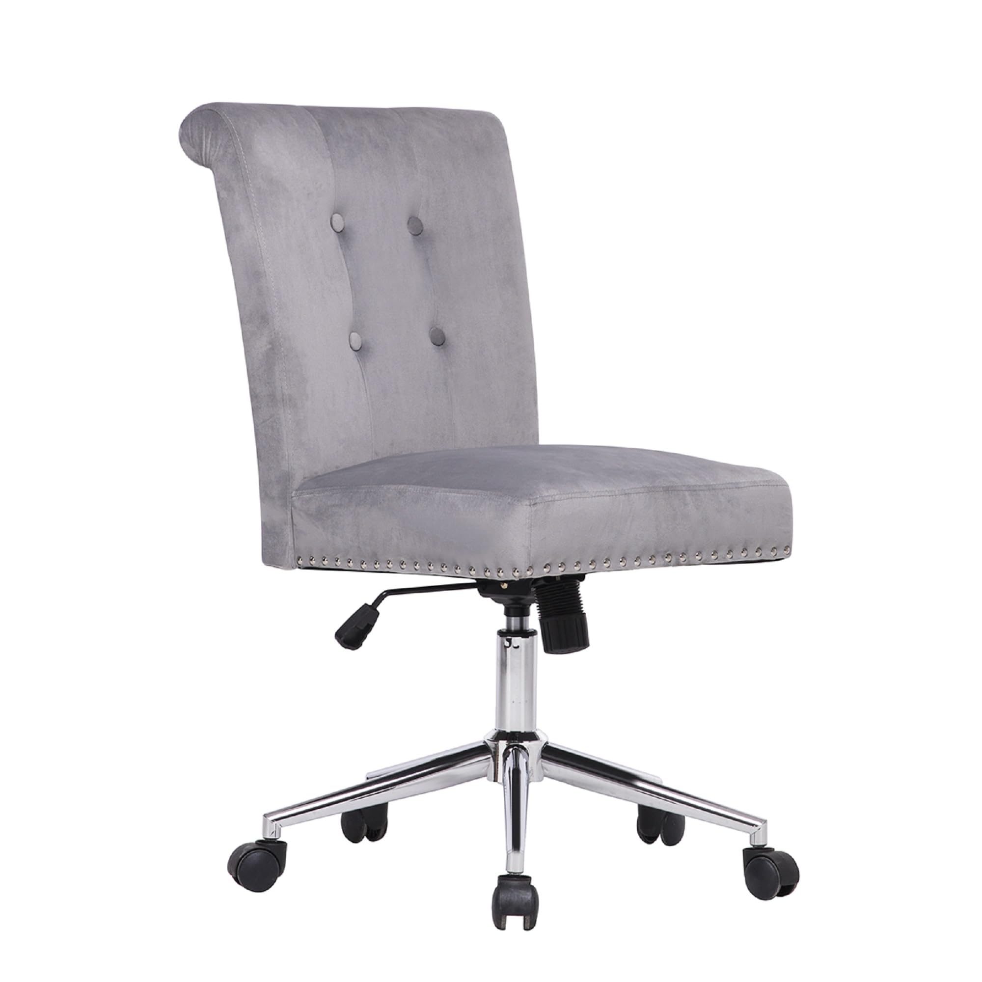 ( Missing parts ) Armless Desk Chair Modern Velvet Tufted Office Chair Grey Cute Vanity Desk Chair Swivel Adjustable Rolling Computer Task Chair for Home Office Bedroom