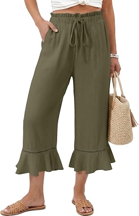 EVALESS Linen Pants Women Wide Leg Ruffle Hem Capri with Pockets