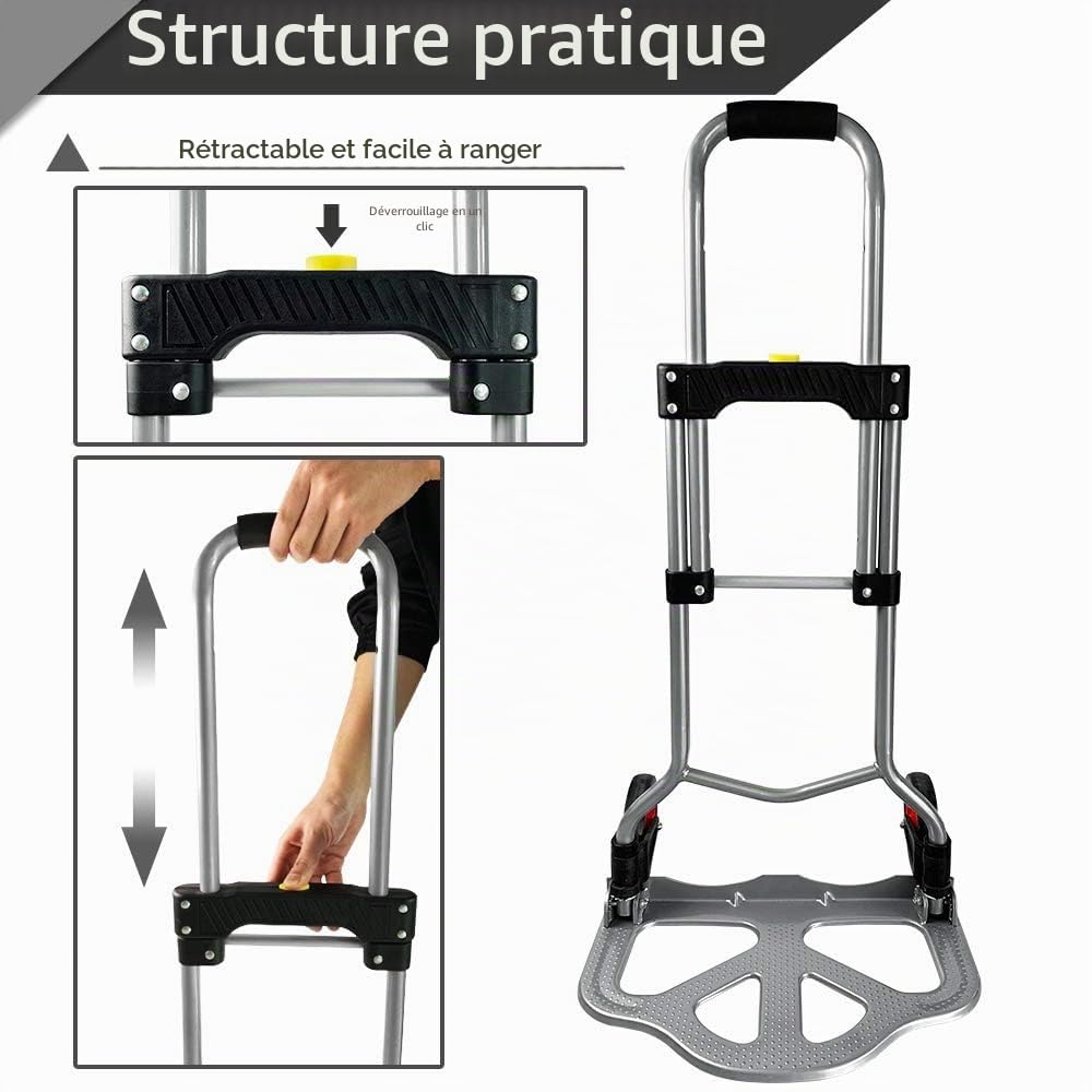 Diable empilable en aluminium - Jusqu'à 80 kg - Surface de chargement antidérapante avec roues et poignée réglable