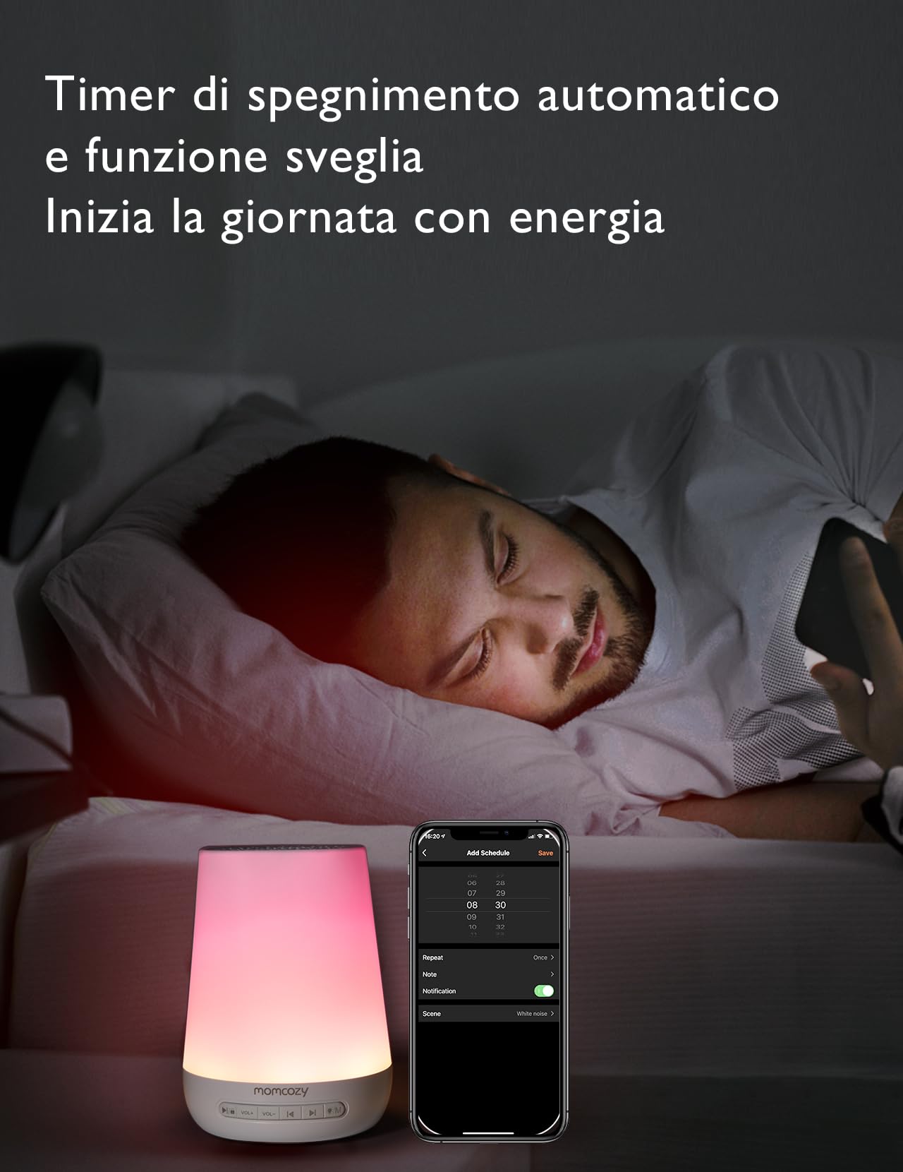 Momcozy Macchina del Rumore Bianco,Macchina del Suono per Bambino Adulto,34 Suoni Lenitivi,White Noise Machine Luce a 7 Colori,Macchina Rumore Bianco Telecomando APP, Funzione di Temporizzazione