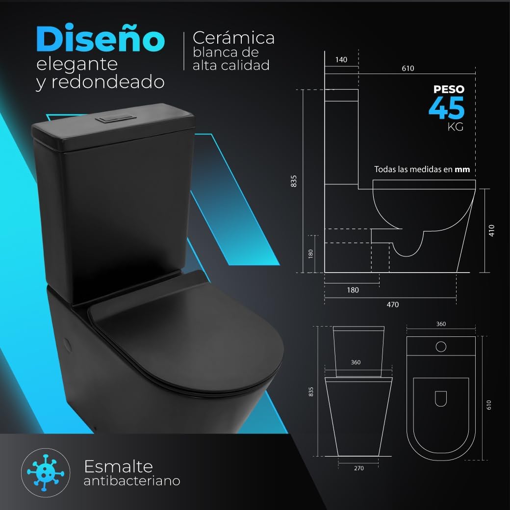 BAÑO MODERNO Inodoro Completo - WC Con Sistema Rimless Antibacterias - Vater Con Tapa Dura Extrafina Amortiguada - Salida Dual - Para Hogar Color Negro - Retrete
