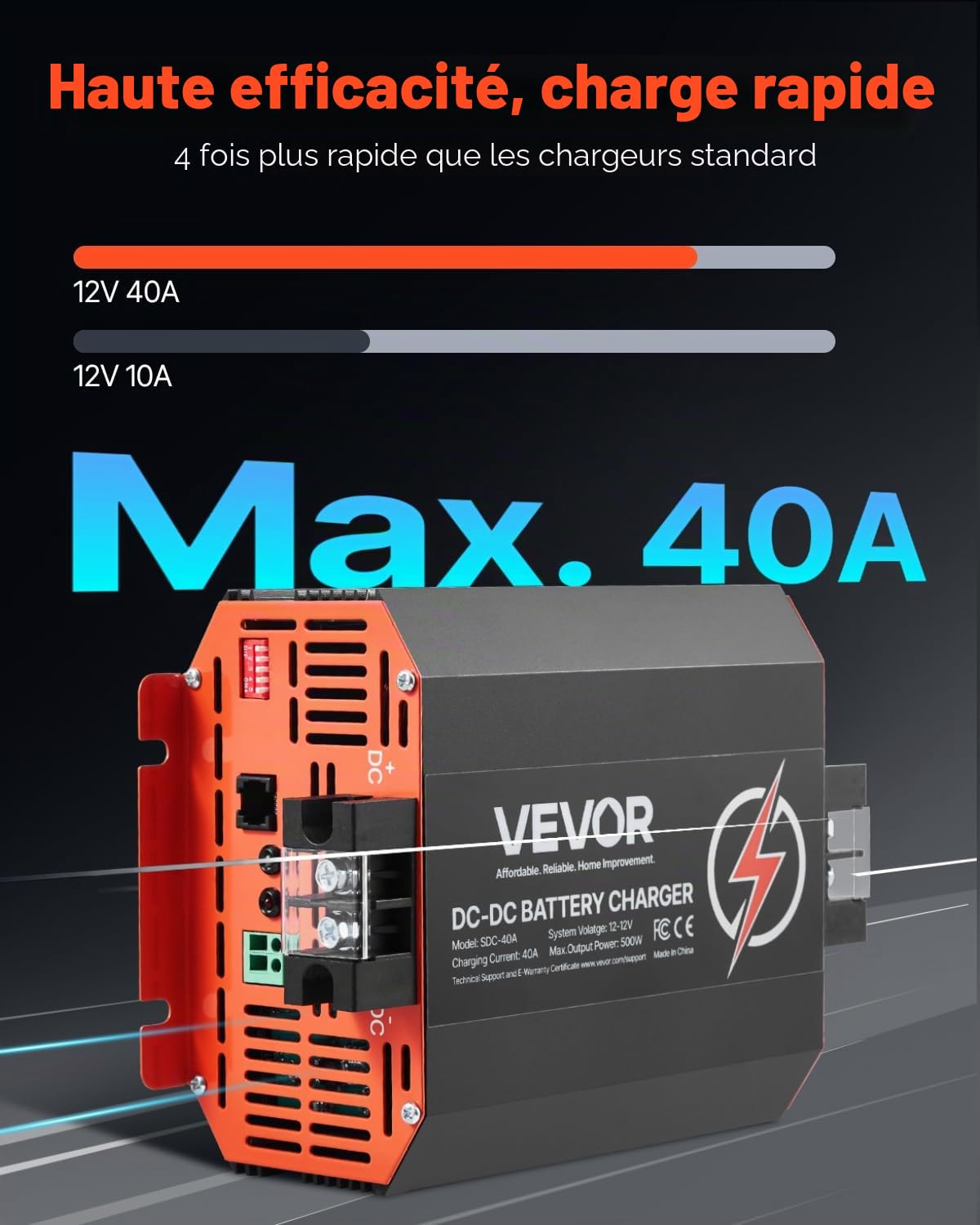 VEVOR Chargeur de Batterie CC à CC 12 V 40 A 500 W pour Batteries Plomb-acide, Lithium, AGM, GEL, Facile à Installer, Chargeur Intelligent Multi-étapes pour Voitures, Camping-cars, Camions, Bateaux