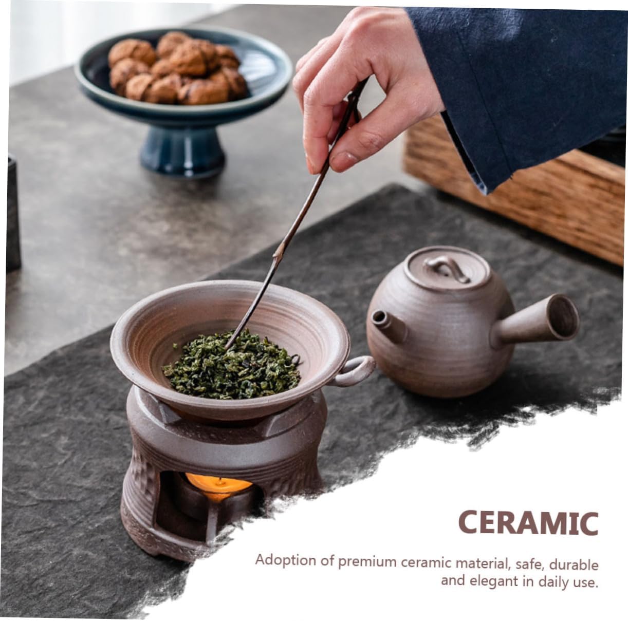 Ceramic Teapot Warmer Brown Tea Stove Holder with Candle Holder Non-Slip Base Tea Heater for Brewing