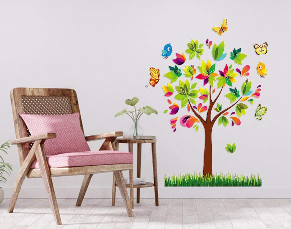 KONARK Decor Large Wall Sticker Artificial Tree with Multicolor Leaf and Butterflies (200CM X 130CM)