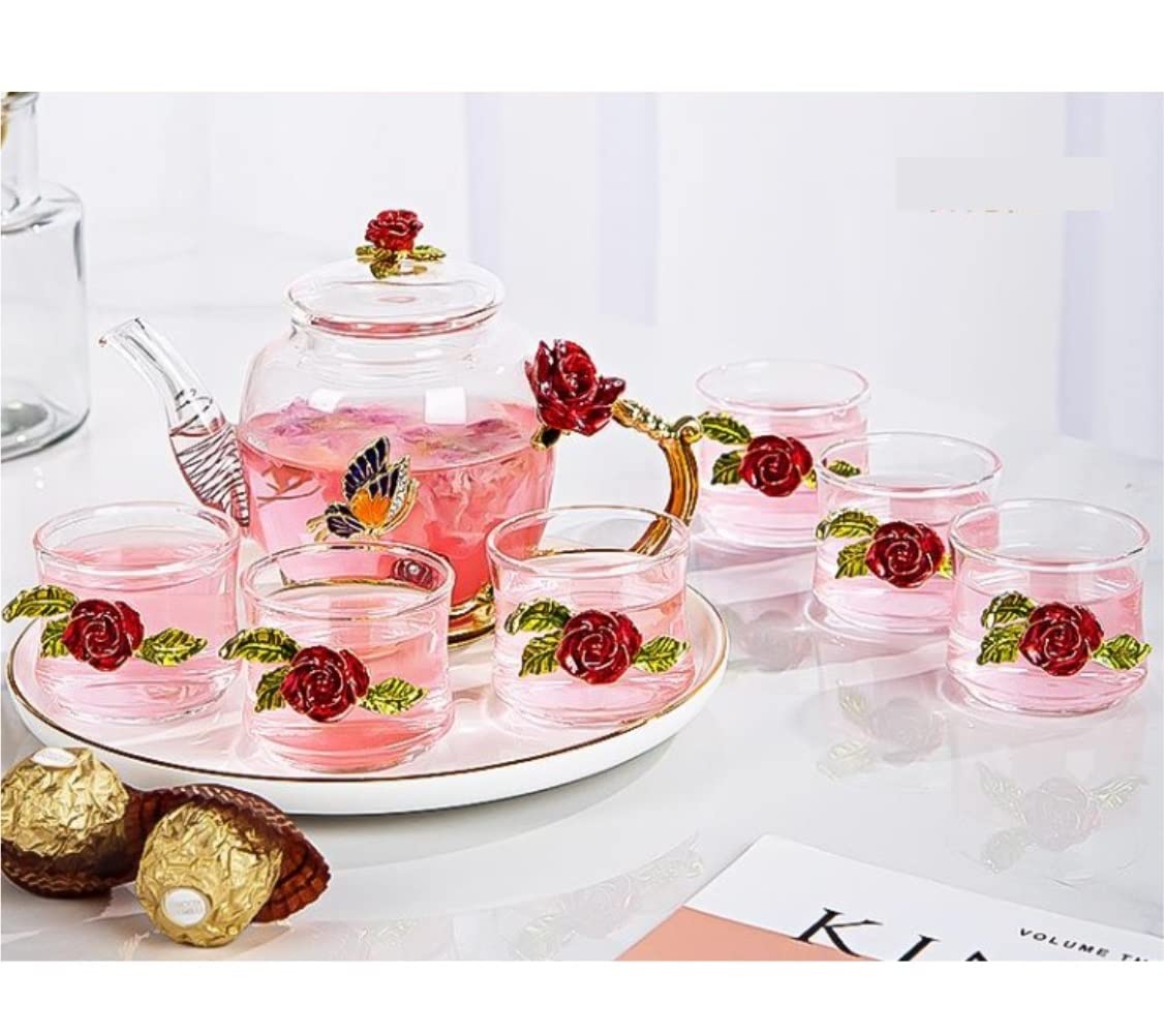 Juego Té Tetera 7 Uds Juego De Tazas Té Esmaltadas Tetera Vidrio Estilo Europeo Hogar 6 Flores Simple Negocios Artículos Hogar(Blue Rose)