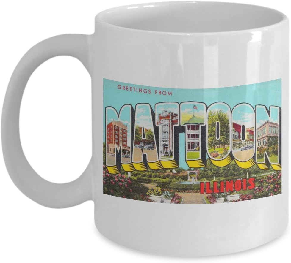 Greetings from Mattoon Illinois, Vintage Large Letter Postcard Design: Ceramic Coffee Mug