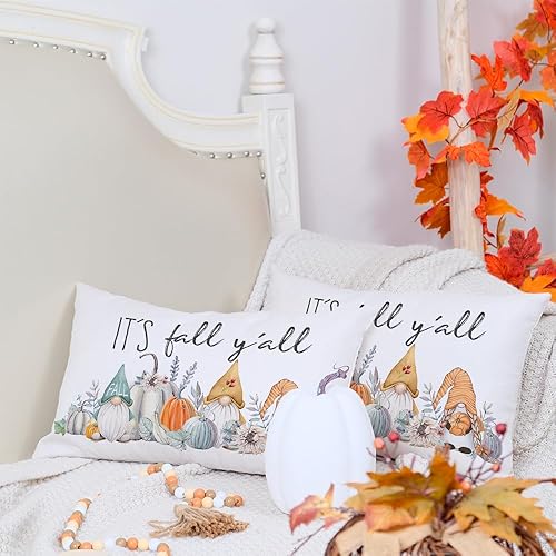 Miniatura 9 de AACORS AA180-12 - Funda de almohada de otoño de 12 x 20 pulgadas, diseño floral de otoño y Acción de Gracias, diseño de gnomos de calabaza, para
