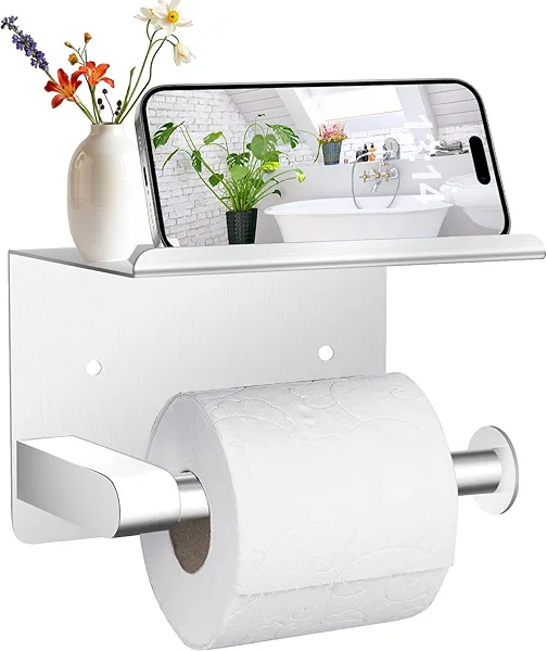 Bjiotun Toilet Paper Holder with Phone Shelf Stainless Steel Bathroom Storage Dispenser Adhesive or Screw Wall Mount Toilet Tissue Roll Holder (Brushed Nickel)