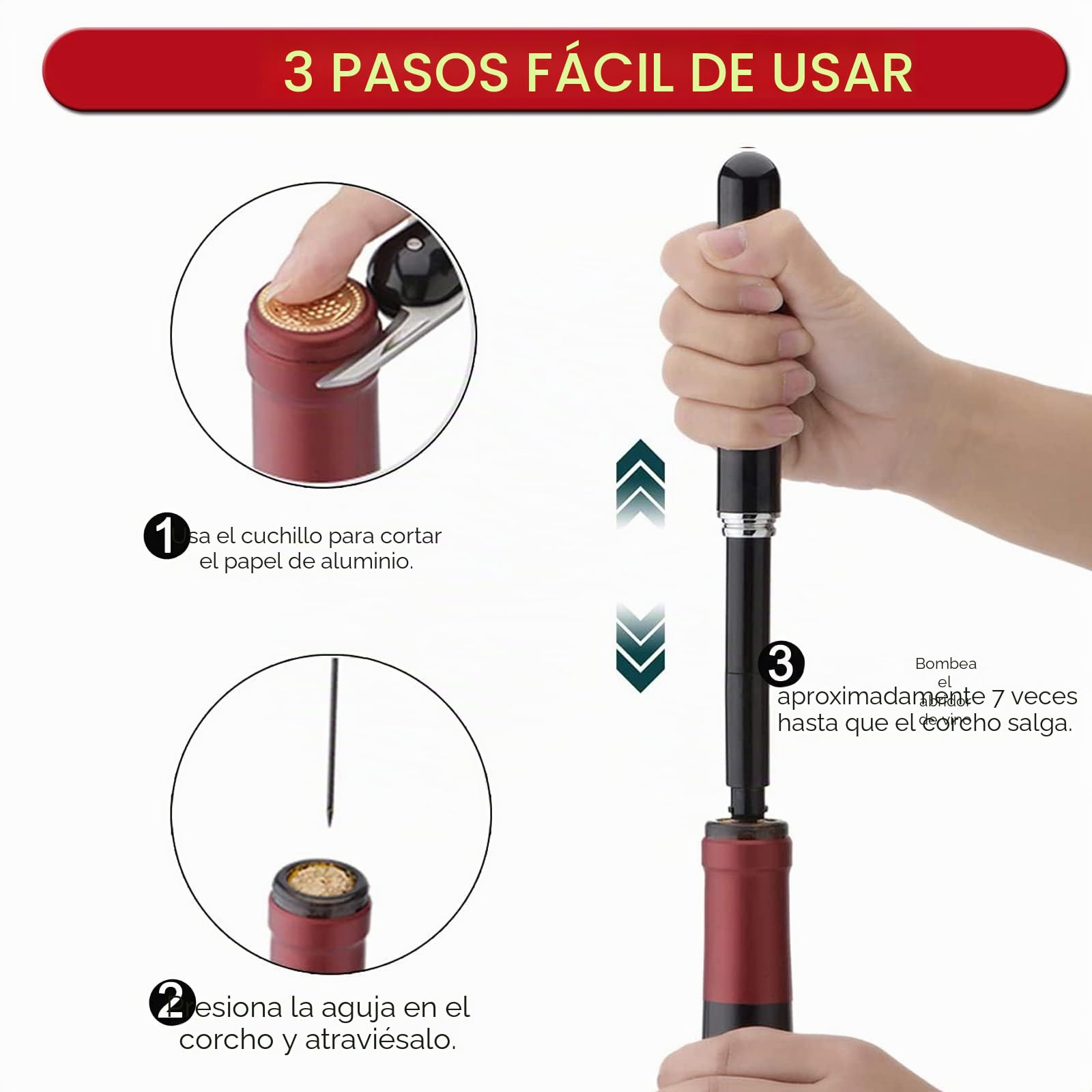 Abridor de vino a presión de aire 2 en 1 con cortador de papel de aluminio, abridor de botellas de vino, bomba de aire fácil de abrir, sacacorchos portátil de viaje
