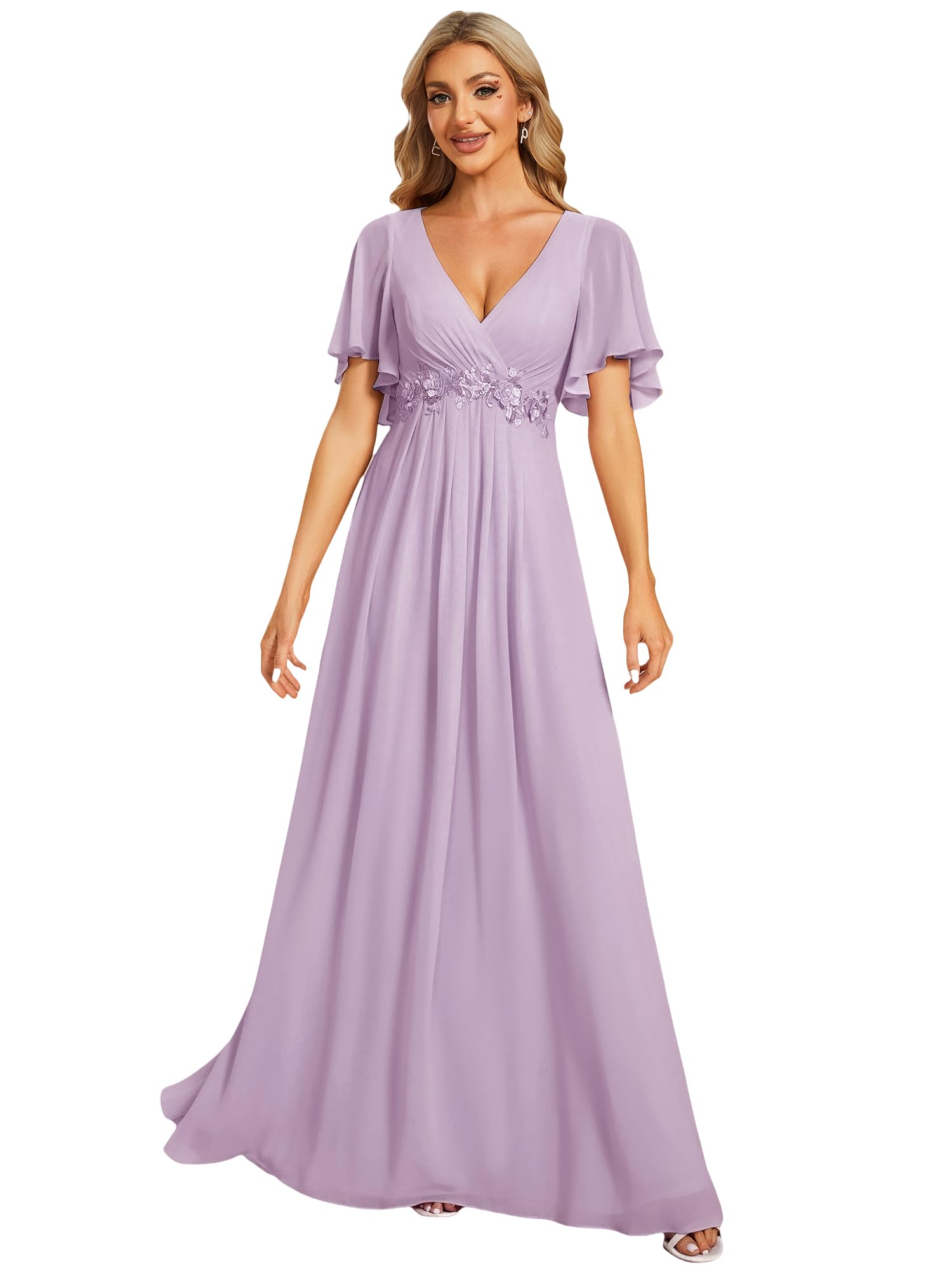 Ever-Pretty Abito T Meno di Nozze Lungo Appliqu Scollo a V Manica Corta Chic EE01960