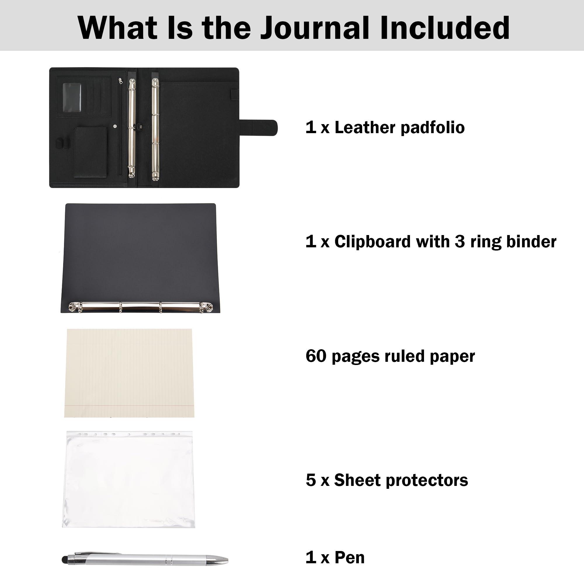 Wonderpool A4 PU Leather 4 Ring Holder Writing Portfolio Multi Document Case with Removable Binder Clipboard and Functional Pocket for Organizer Office Travel School (Black) - Image 4