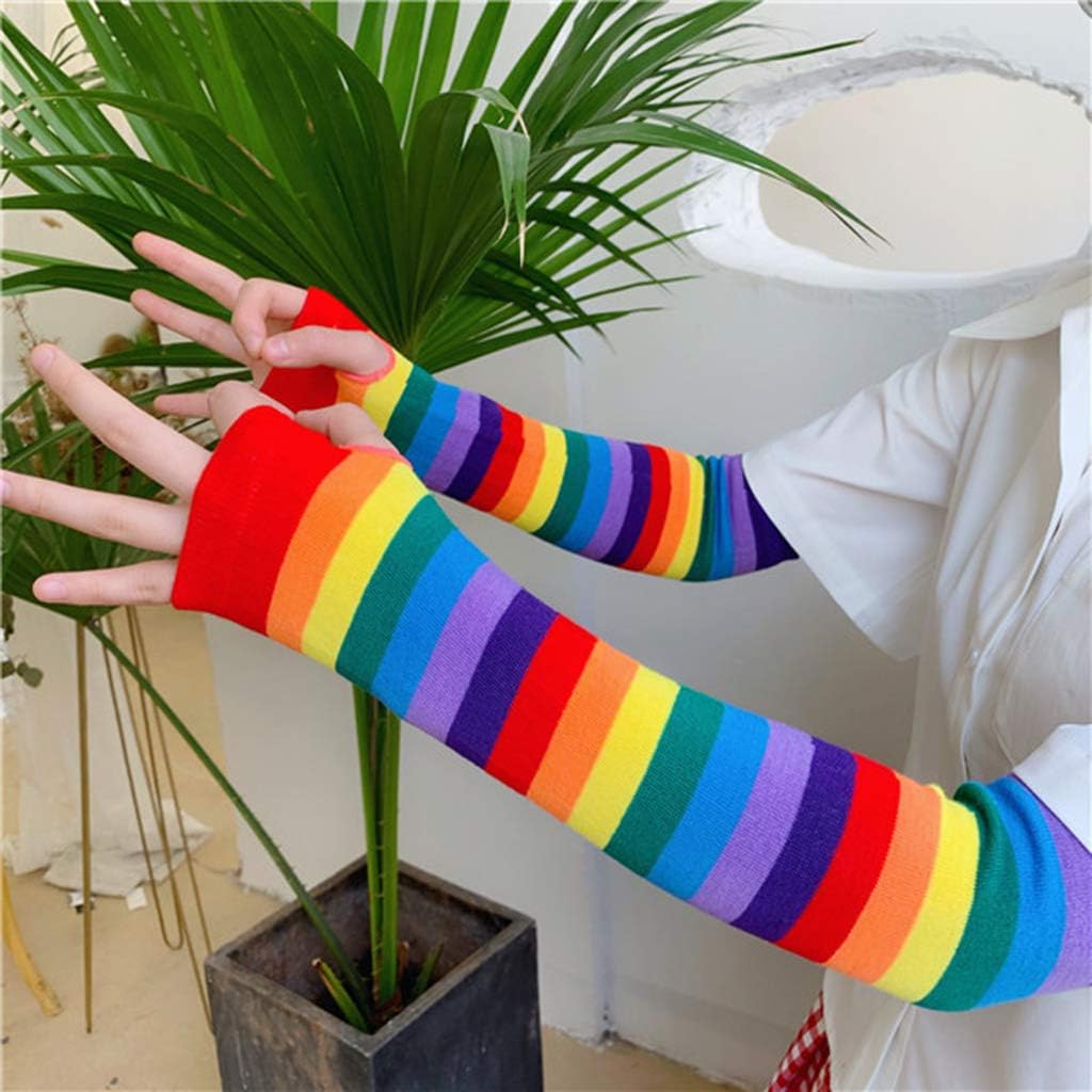 Women Elbow Length Fingerless Arm Sleeve Warmer Rainbow Colored Striped Knit Sunscreen Halloween Costume Gloves