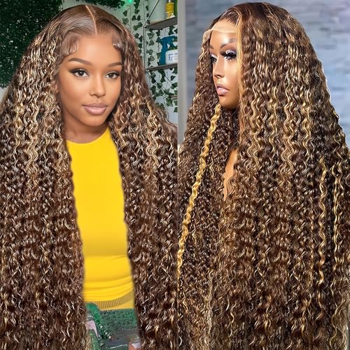 Huirslex 22 Inch Highlight Ombre Deep Wave Lace Front Wigs