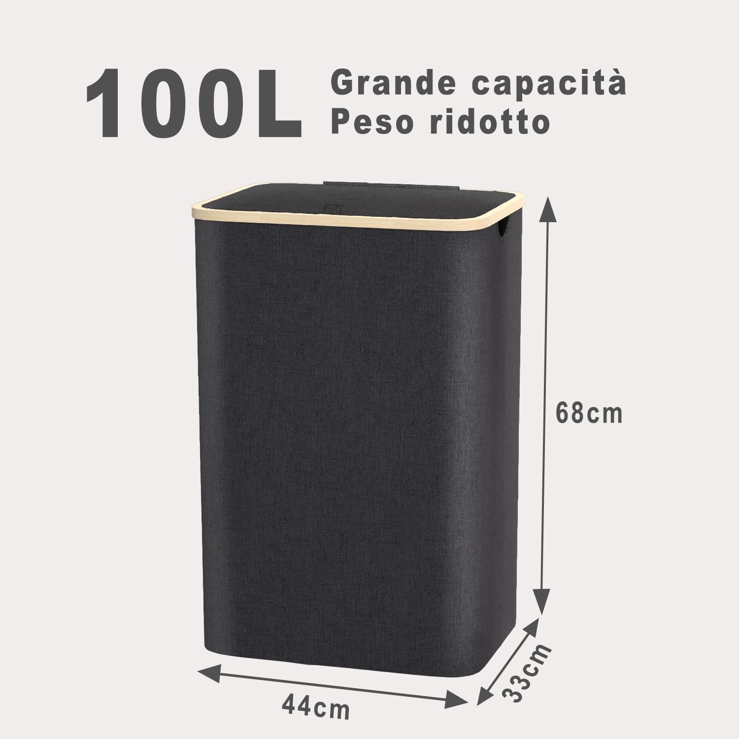 Cesto Portabiancheria Grande,con Coperchio,per Panni Sporchi XXL 100L con Manici in Bambù,Pieghevole per Bagno o Lavanderia Vestiti, Giocattoli
