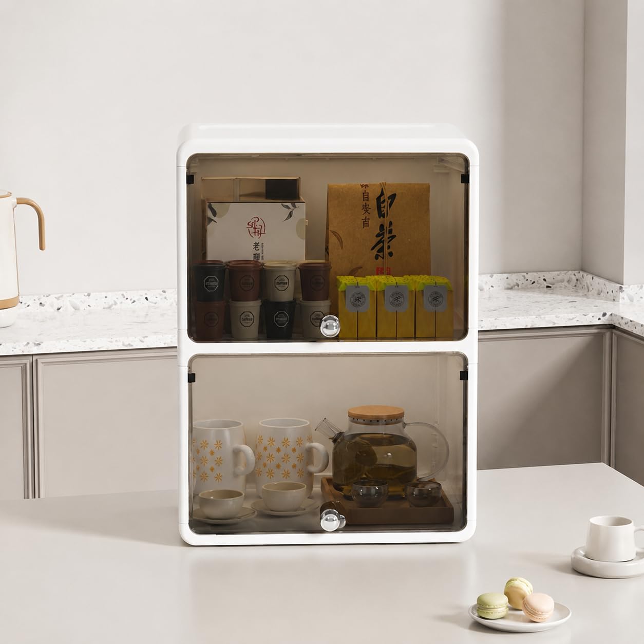 Dispenser Biceri Famiglie con Cassetti, Antipolvere per Tazze da Caffè e Tè, Grande Capacità, Bianco Trasparente