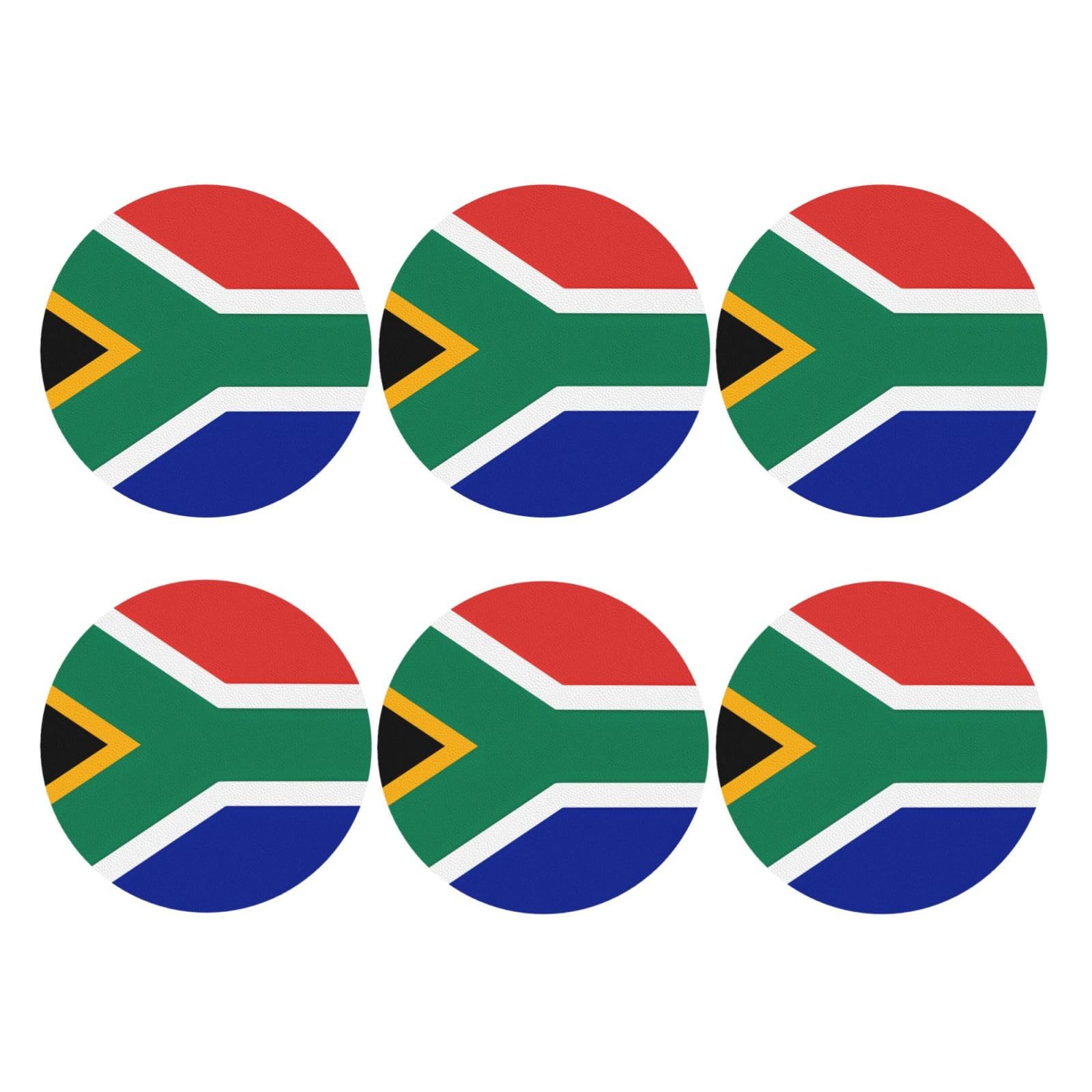 Paqolsmckr Round Shape Coasters Set Of 6 Leather Drink Coaster South Africa Flag Coaster For Drinks Non-Slip Mugs Pads Waterproof Funny Coasters Coffee Cup Mat For Table Kitchen