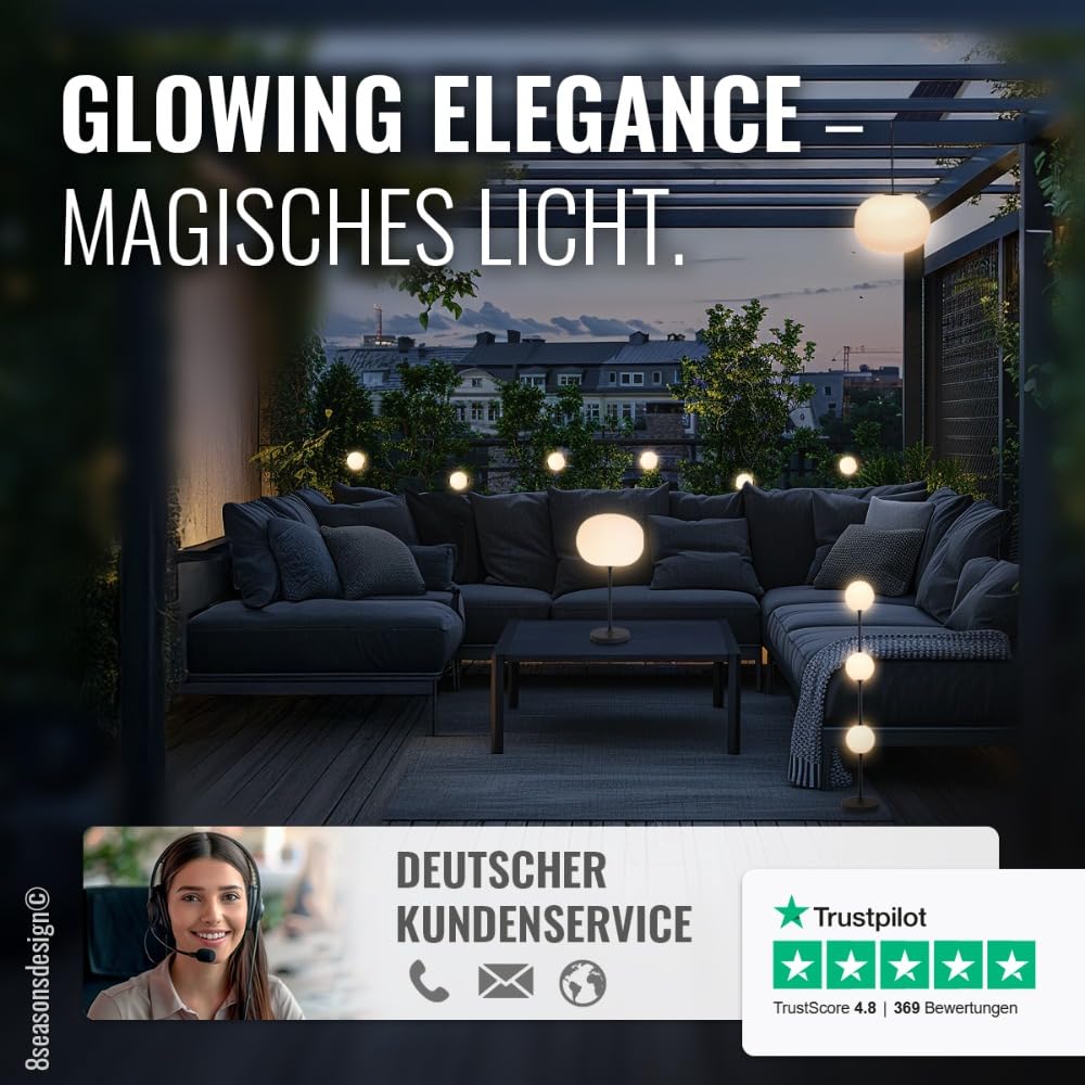 8 seasons design Solar Lichterkette Garten, 5,5m - Glowing Elegance - dimmbar, 6 weiße Kugeln (10 cm D), LED warmweiß, Akku, für außen & innen, inkl. Fernbedienung, mit USB-C aufladbar
