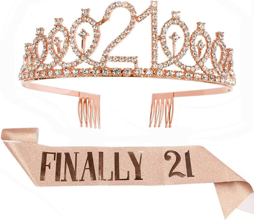 ARALUKY 21st Birthday Sash and Crown for Girls Women Finally 21 Birthday Sash and Rhinestone Tiara Set for Girls Happy Birthday Crowns for Women Happy 21st Birthday Decorations for Her 21st Birthday Gifts for Her Happy 21st Birthday Party Favor Supplies (Rose Gold)