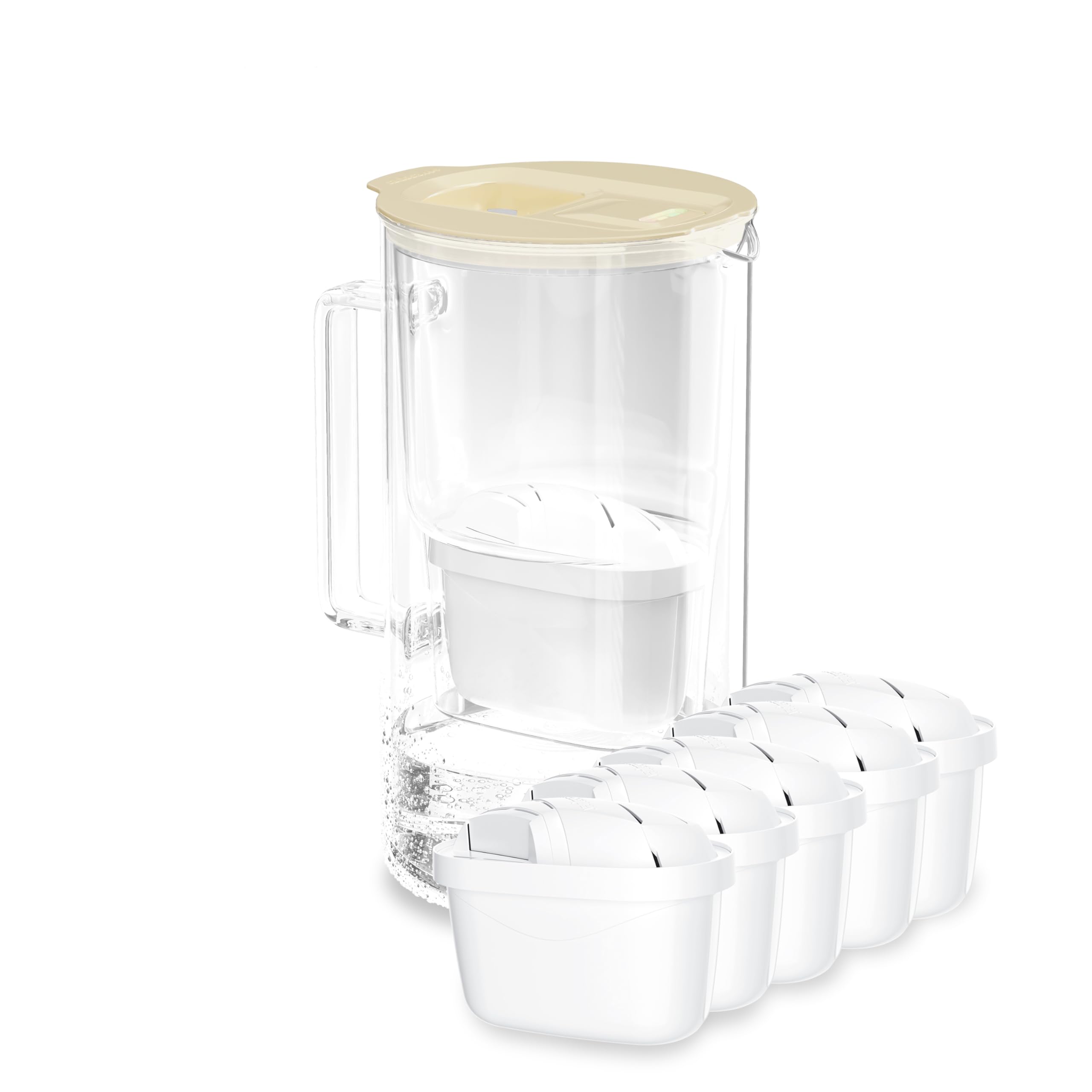 Wessper carafe filtrante d'eau avec compteur LED, 2 litres, carafe en verre, carafe eau compacte avec 5 cartouche filtrante à charbon actif, sans BPA - Beige