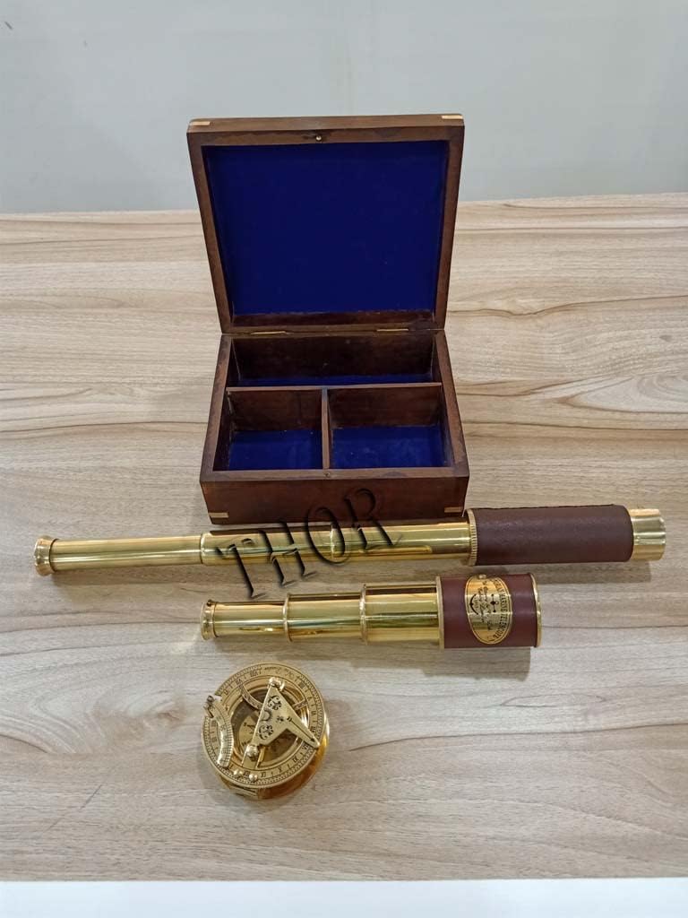Marine Master Box with Brass Compass 2.5" Telescope 14", Marine Beautiful Brass Master Box & Telescope 6" Nautical Wooden Box