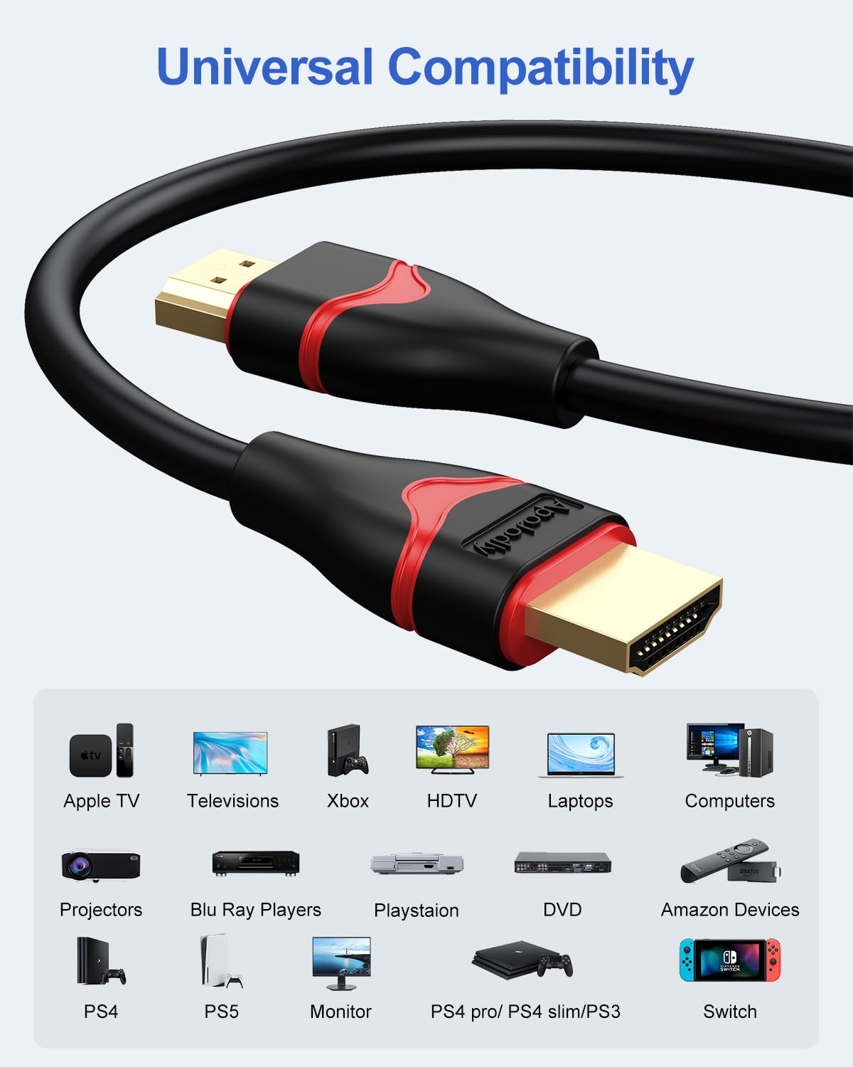 Cable HDM 8K de 6 pies, paquete de 10, cables HDMI 2.1 de 48 Gbps, cable HDMI de ultra alta velocidad 8K a 60Hz, 4K a 120Hz (HDCP 2.2 y 2.3, HDR10, 3D, eARC) para PS5/PS4, monitor, HDTV, Roku