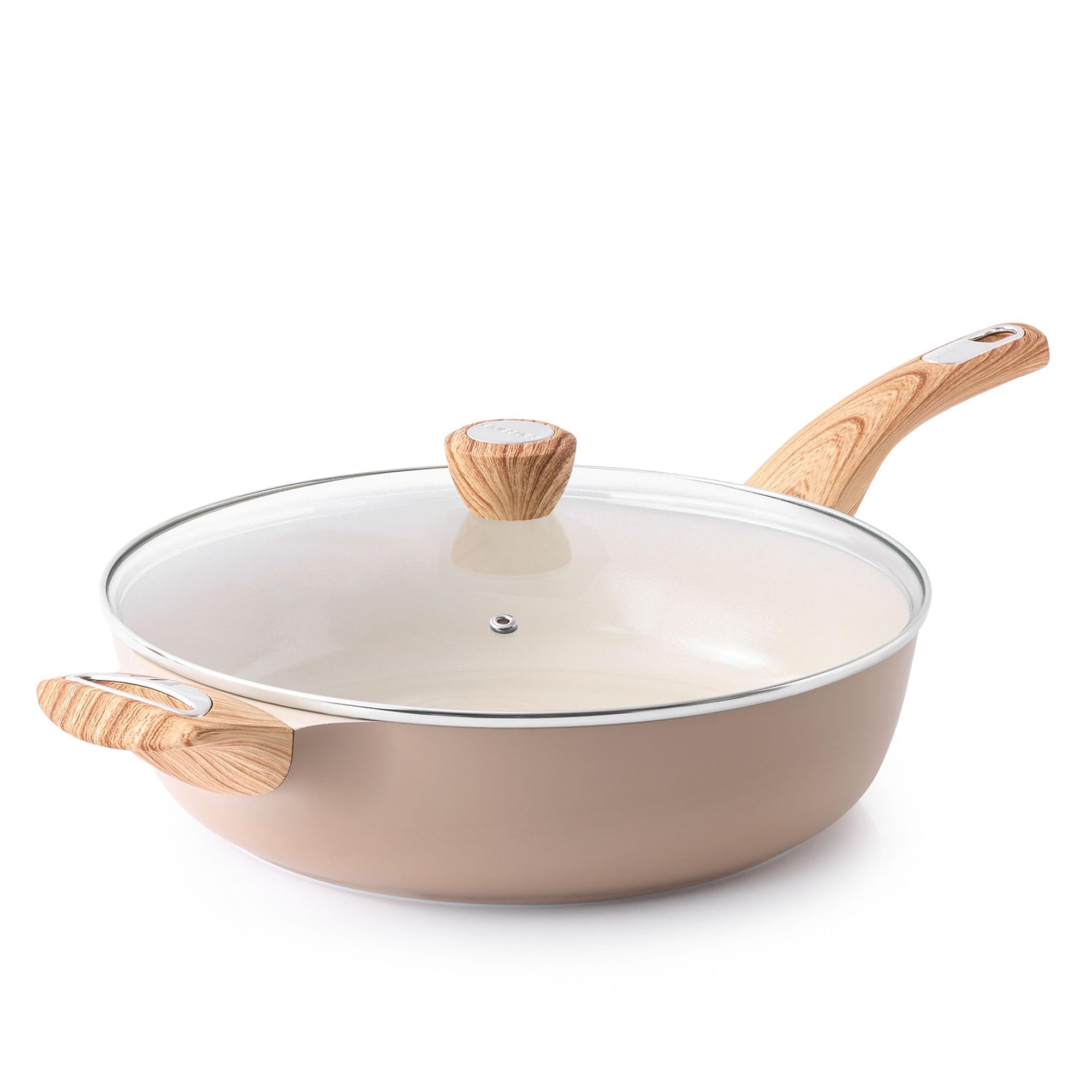 SENSARTE 30cm Beige Keramik Tiefe Bratpfanne mit Deckel, 4.7L Sautepfanne mit Deckel, Große Bratpfanne, Antihaft Kochpfanne, Chef's Pan, Induktion Geeignet