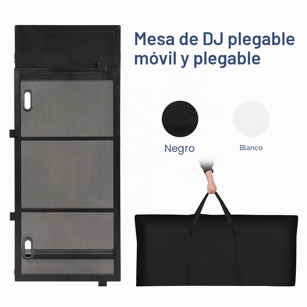 SMONTER mesa DJ plegable móvil y abatible, cabina de DJ con revestimiento negro y blanco, soporte de DJ ajustable en altura y cabina de DJ (105 cm L x 51 cm A x 117 cm H), equipo de DJ para