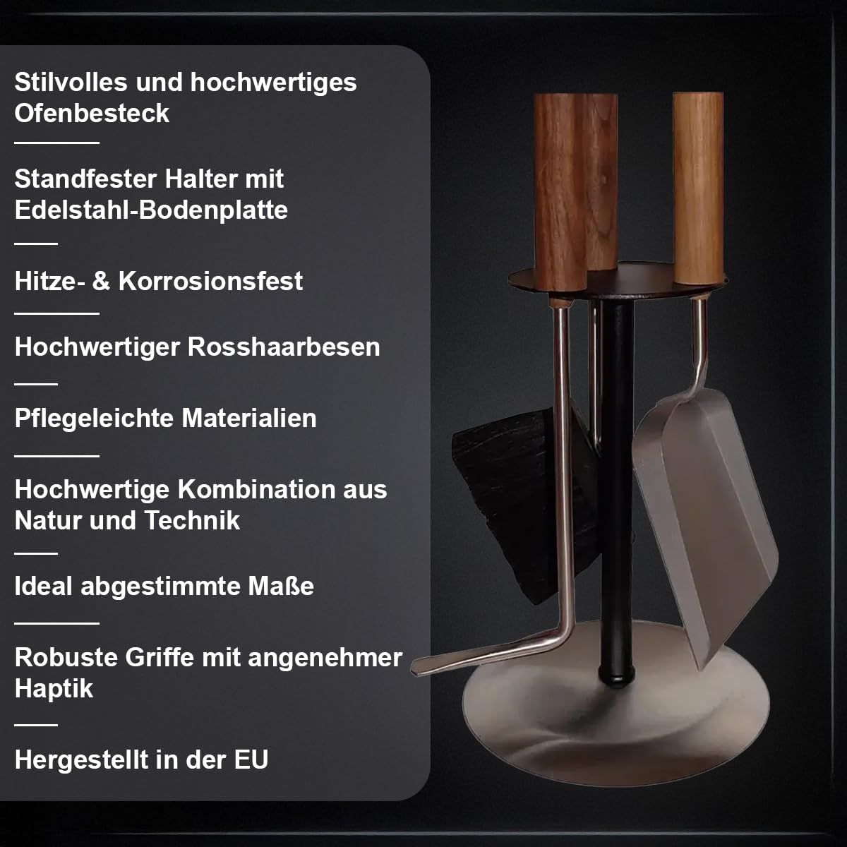 MS Beschläge Kaminbesteck Edelstahl mit Nussholzgriffen – 3-teiliges Ofenbesteck Set mit Rosshaarbesen, Schaufel & Schürhaken, standfester schwarzer Ständer mit Edelstahlplatte - Ofen- Kamingarnitur