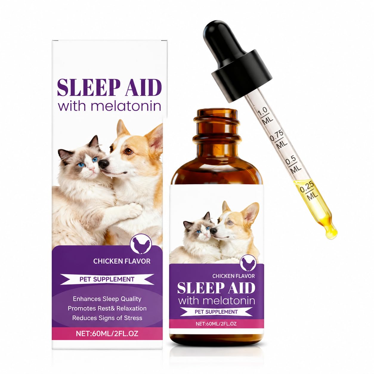 Melatonin for Dogs,Cats Soothing Liquid Sleep Support,Relaxation Aid,Natural Calming Drops for Separation,Thunder & Travel,Bacon Flavour (60ML)