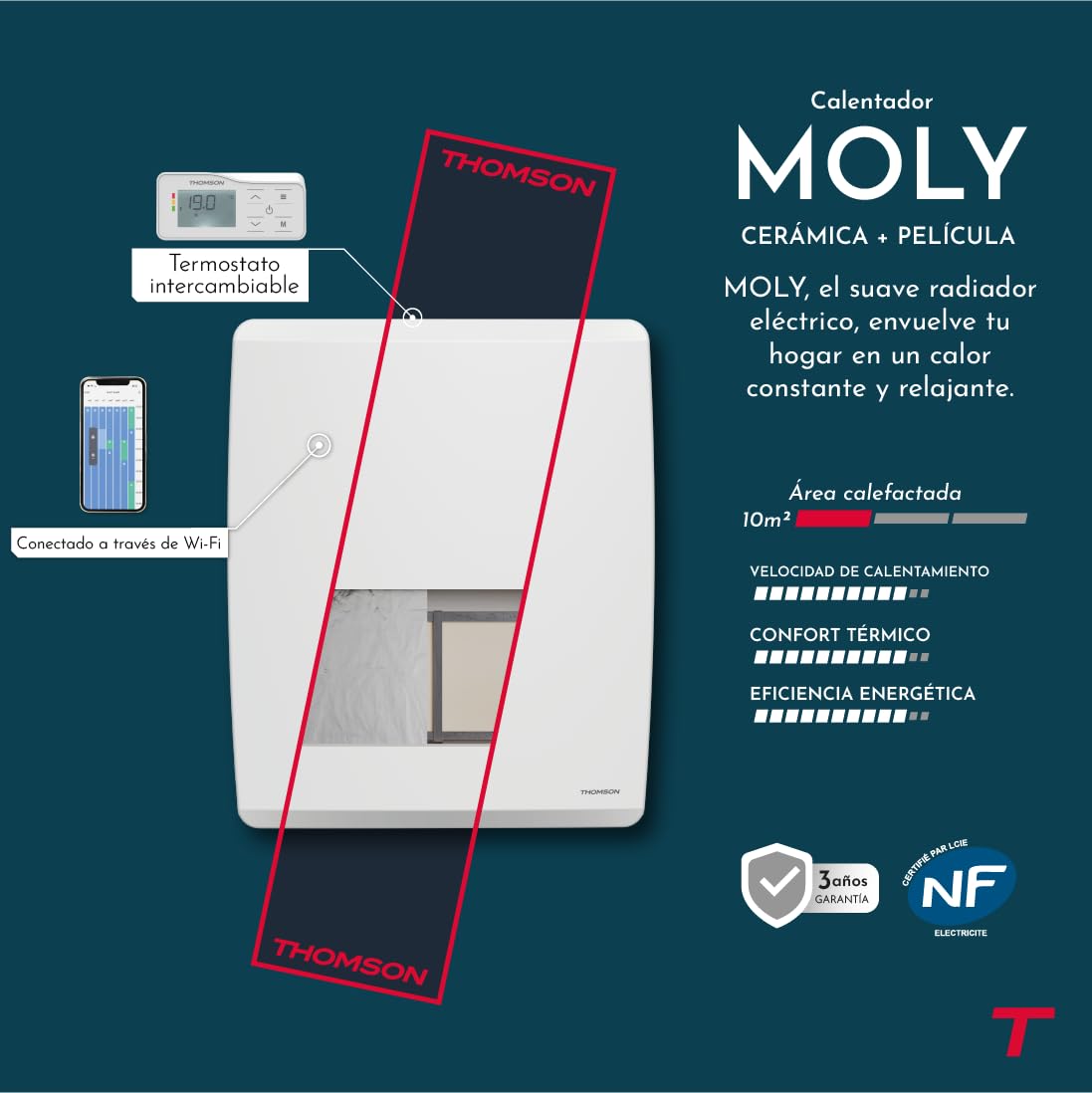 Radiador eléctrico fijo conectado WiFi de inercia seca cerámica + película con termostato intercambiable 1000W THOMSON MOLY horizontal blanco